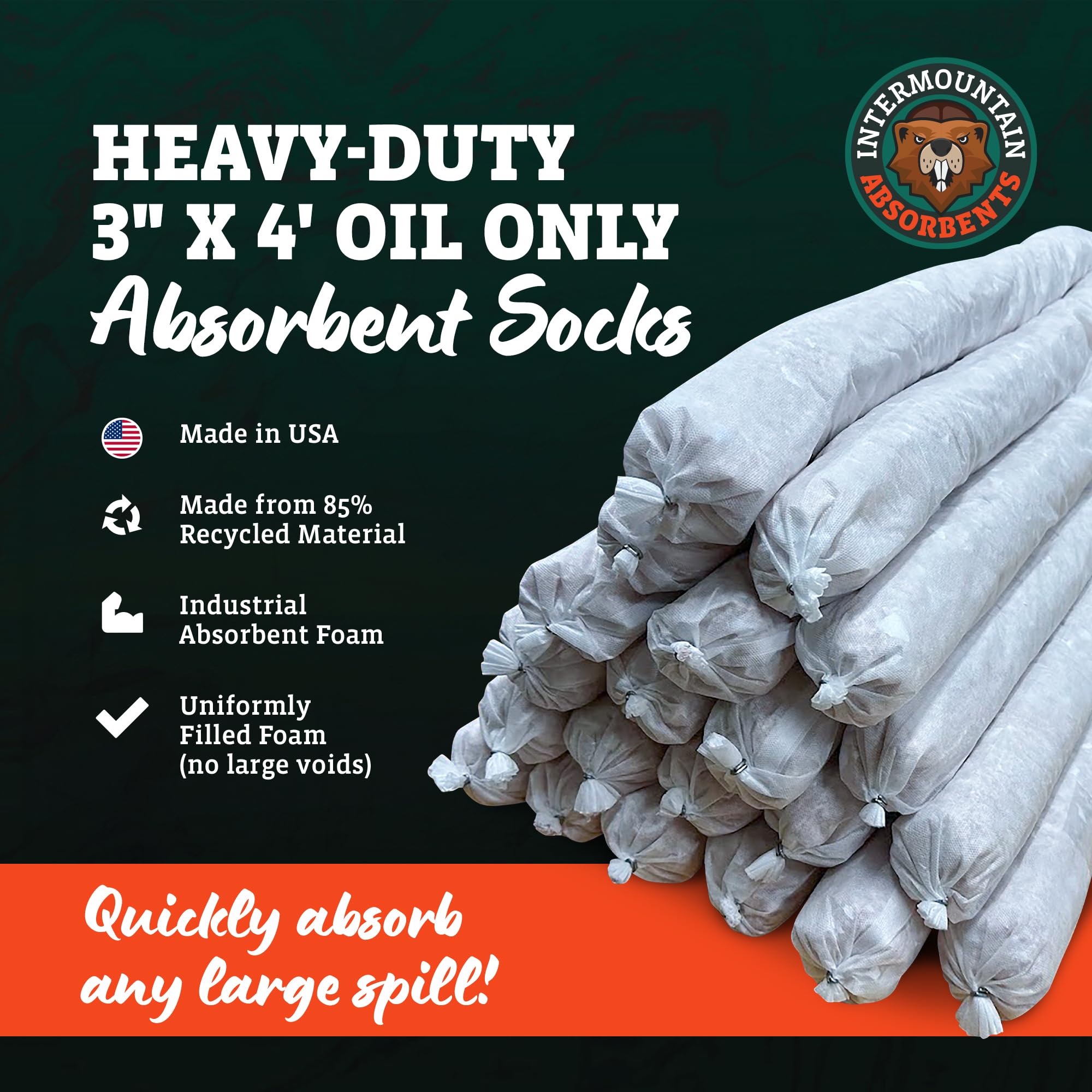 Intermountain Absorbents Oil Only Absorbent Socks - Oil Absorbent Socks, Absorbs Oil, Hydrocarbons & Repels Water - Recycled Polypropylene Oil Absorbing Socks, Oil Socks, 3