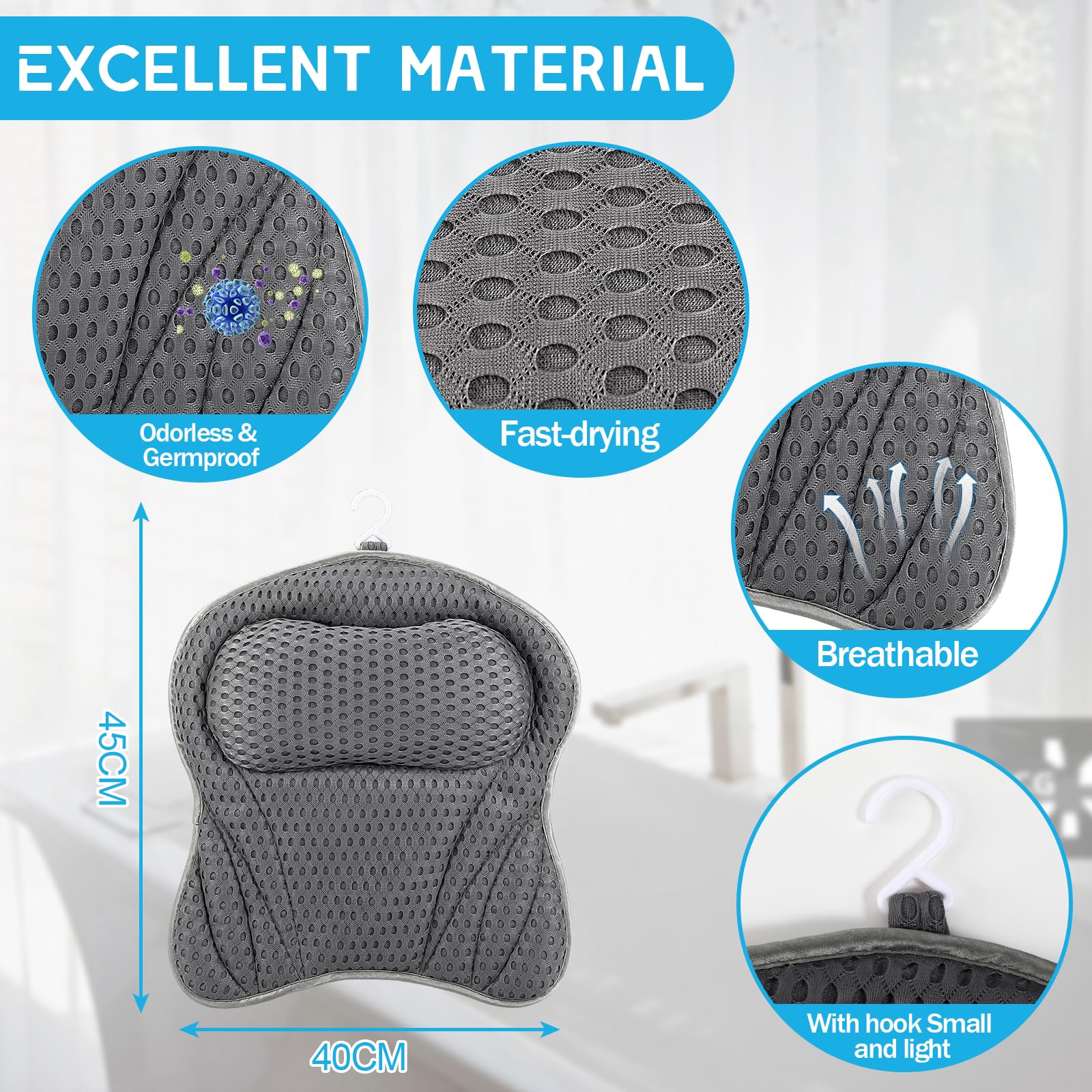 Almohada Bañera, Malla 4D Almohada de Baño, Almohada para Bañera con 6 Ventosas Antideslizantes, Reposacabezas Ergonómico, Puede soportar la Cabeza, el Cuello, la Espalda, para Bañera de Hidromasaje