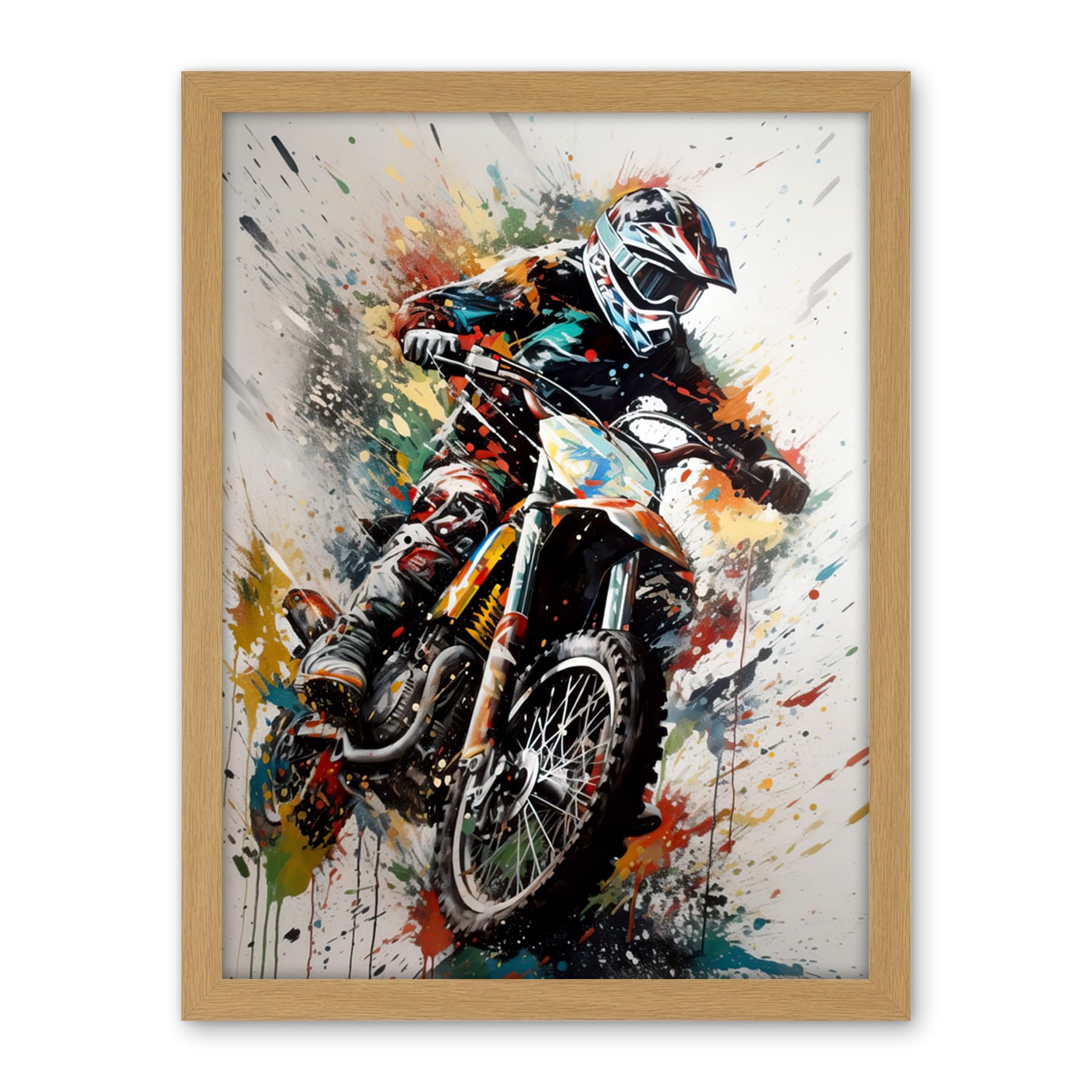 Artery8 Motocross Racer Paint Splat Action Shot Portrait Artwork Framed Wall Art Print 18X24 Inch
