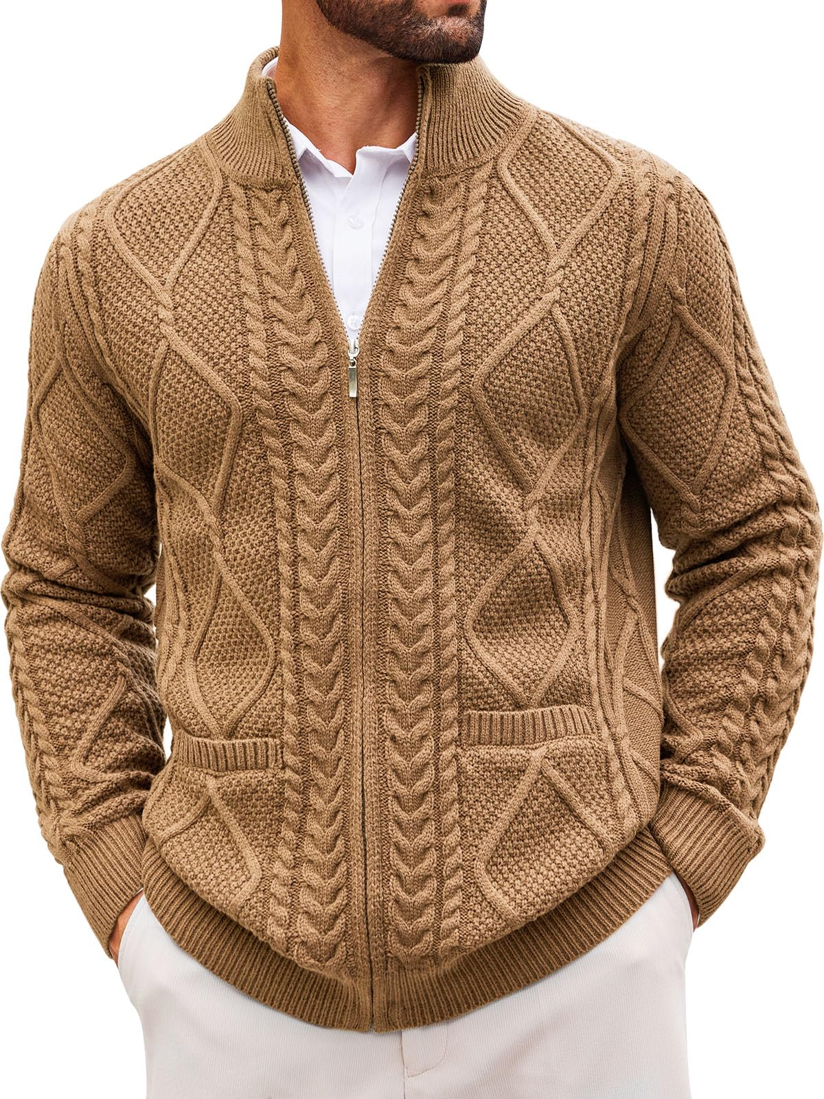 Mens Full Zip Cardigan Sweater Casual Cable Knitted Mock Neck Ribbed Winter Sweaters-image-44
