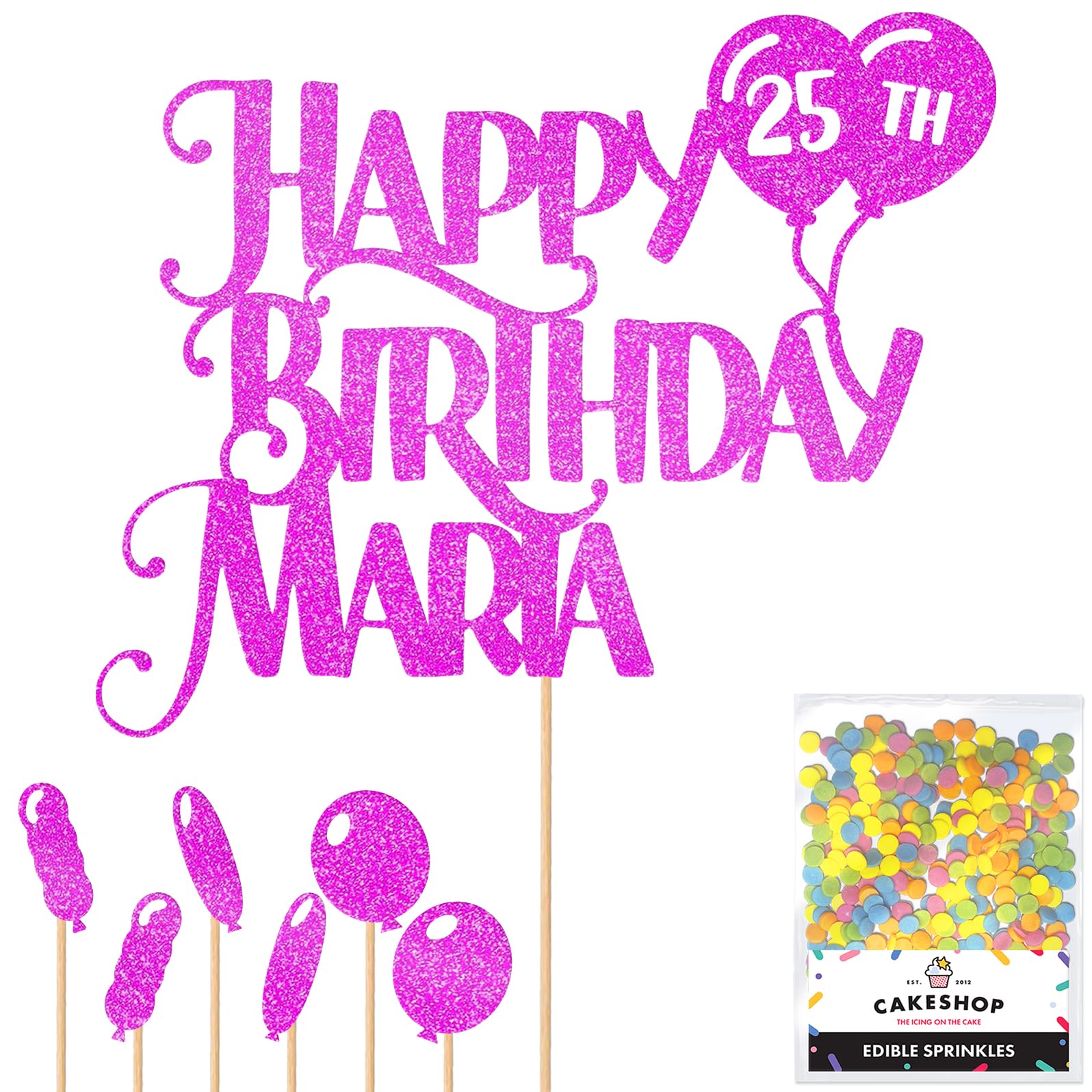 Personalised Happy Birthday Glitter Cake Topper inc Balloons - Pink Any Name & Age Glitter Cake Decoration and Sprinkles - Happy Birthday Decorations - Personalised Toppers for Cakes by Cakeshop