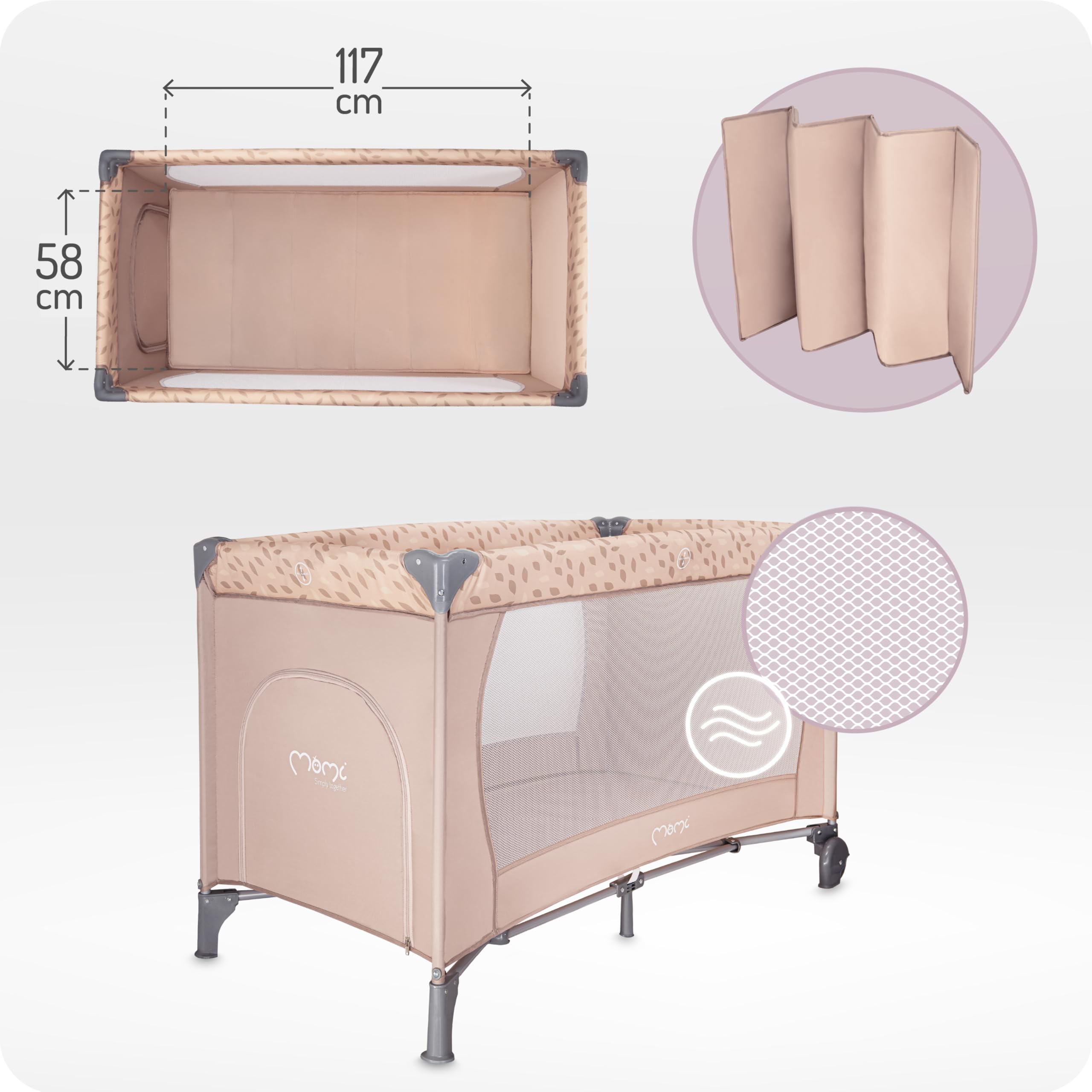 Momi BELOVE lettino da viaggio per bambini fino a 15 kg, 125x65x78 cm, pieghevole 21x23x80 cm, con materassino, 2 ruote e borsa per il trasporto