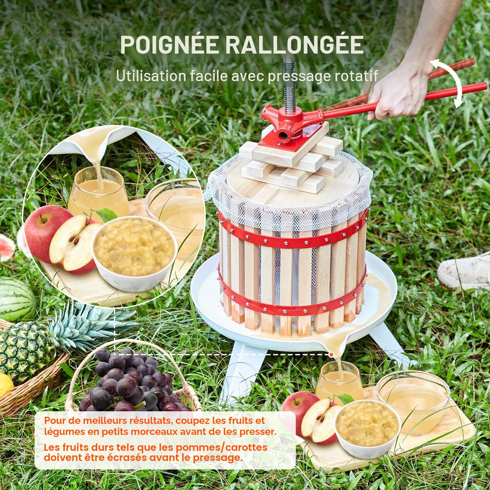 VEVOR Pressoir à Fruits Manuel 12 L Pressoir à Vin en Bois Massif avec 6 Blocs de Pressage Presse-Fruits Manuel Longue Poignée Broyeur de Fruits Légumes pour Pressage de Vins Jus de Fruit Cidre Purée