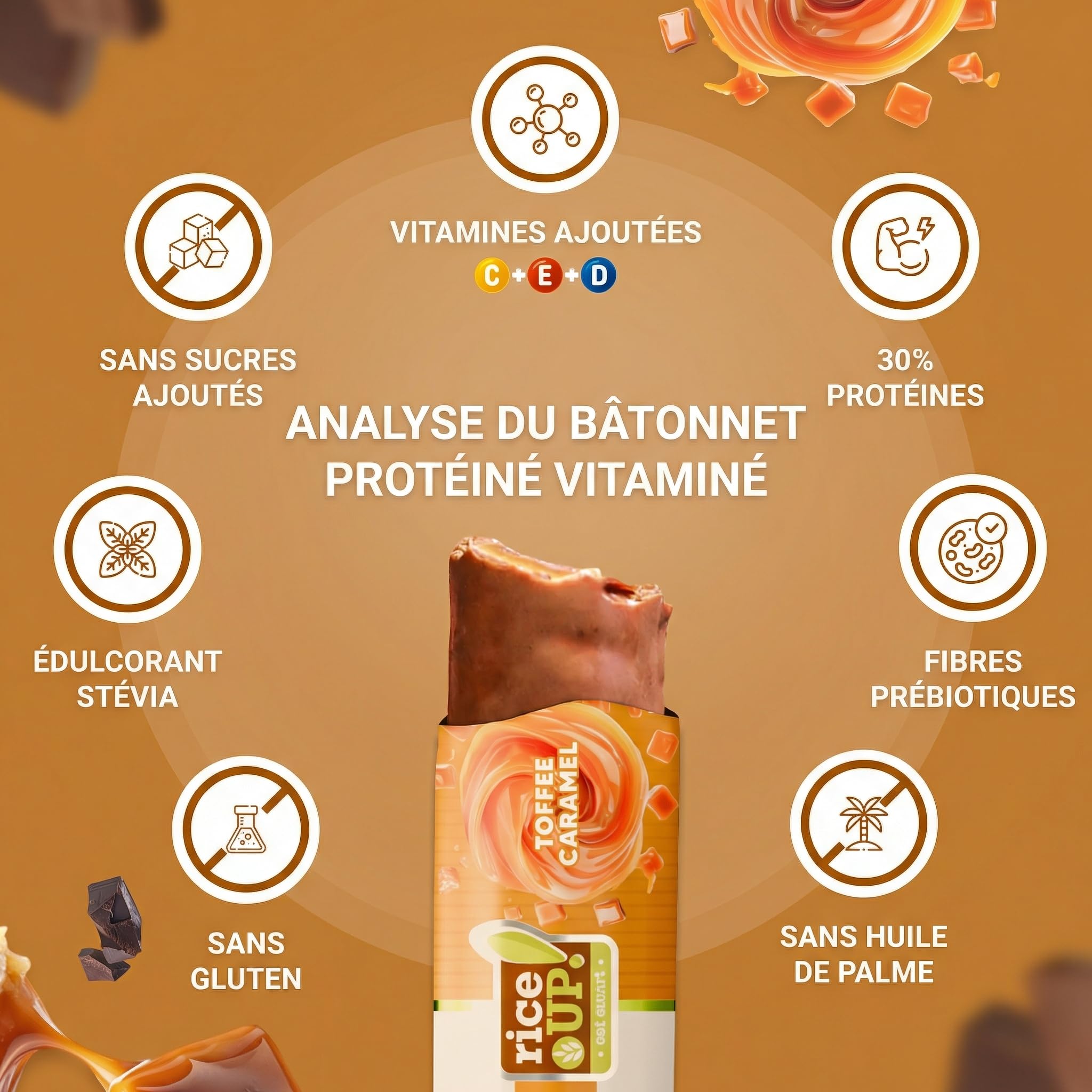 RiceUP! Barre Protéinée Toffee 30% – Barre Protéine Sans Sucre Ajouté, Sans Gluten & Sans Huile de Palme – Snack Protéiné Fitness & Nutrition Sportive – 15 x 40 g