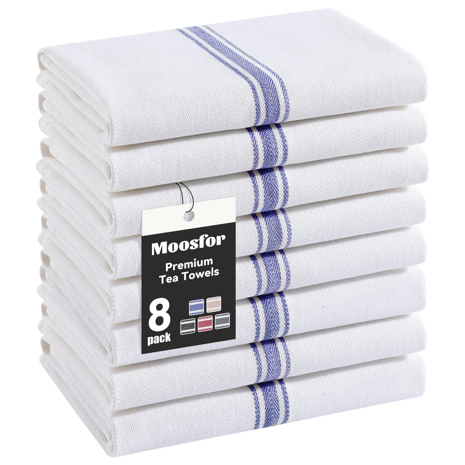 Moosfor 100% Organic Cotton Tea Towels Extra Large, Highly Absorbent Soft Dish Cloths, Lint Free Quick Drying kitchen Towel, Premium Dish Towels for Kitchen, Pack of 8, 38 x 64 cm, Navy Blue
