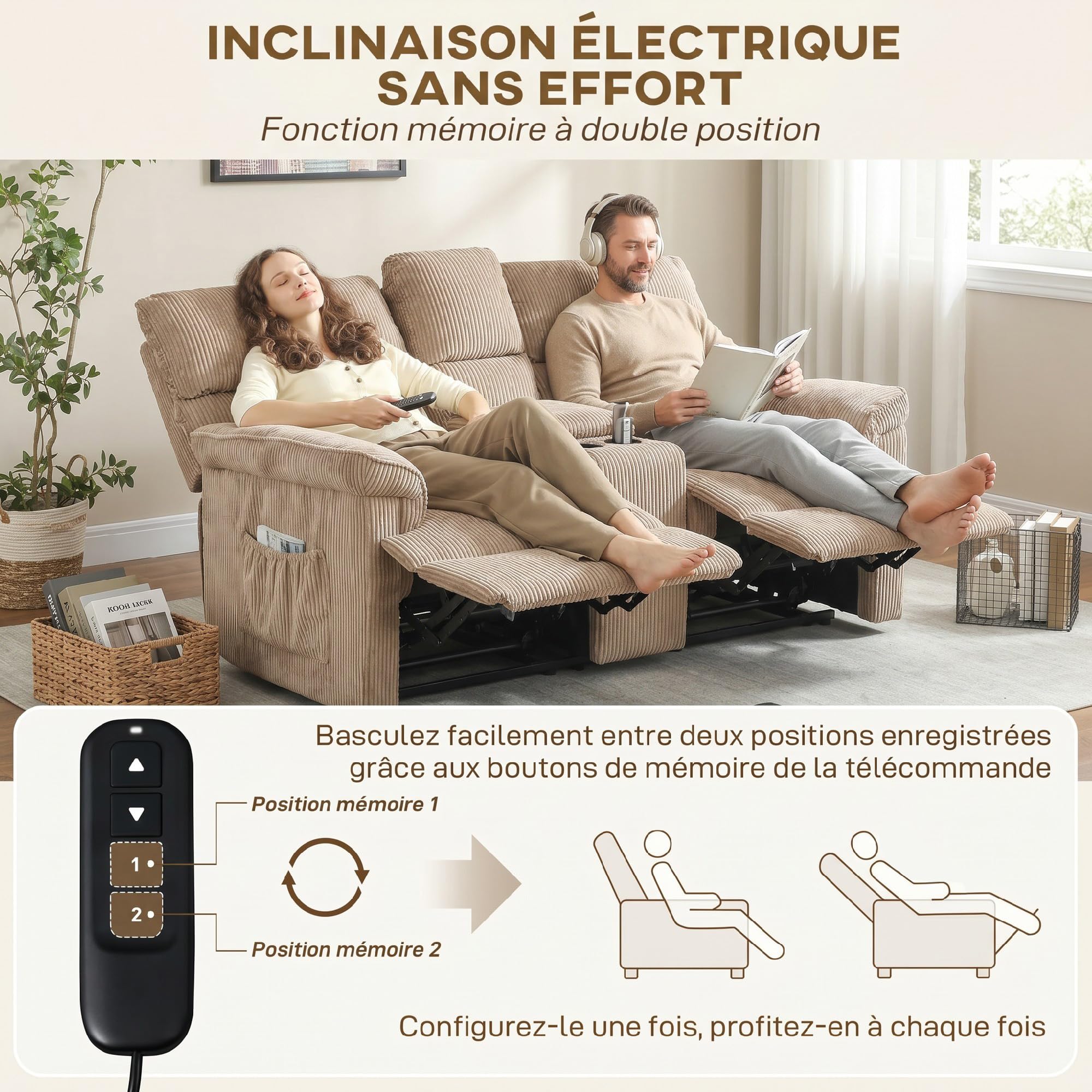 HOMCOM Fauteuil Relax Électrique Massant et Chauffant en Velours Côtelé, Fauteuil Inclinable avec Repose-Pieds, Moteur Silencieux, Mémoire, Port USB, Télécommande et Poches Latérales, Marron