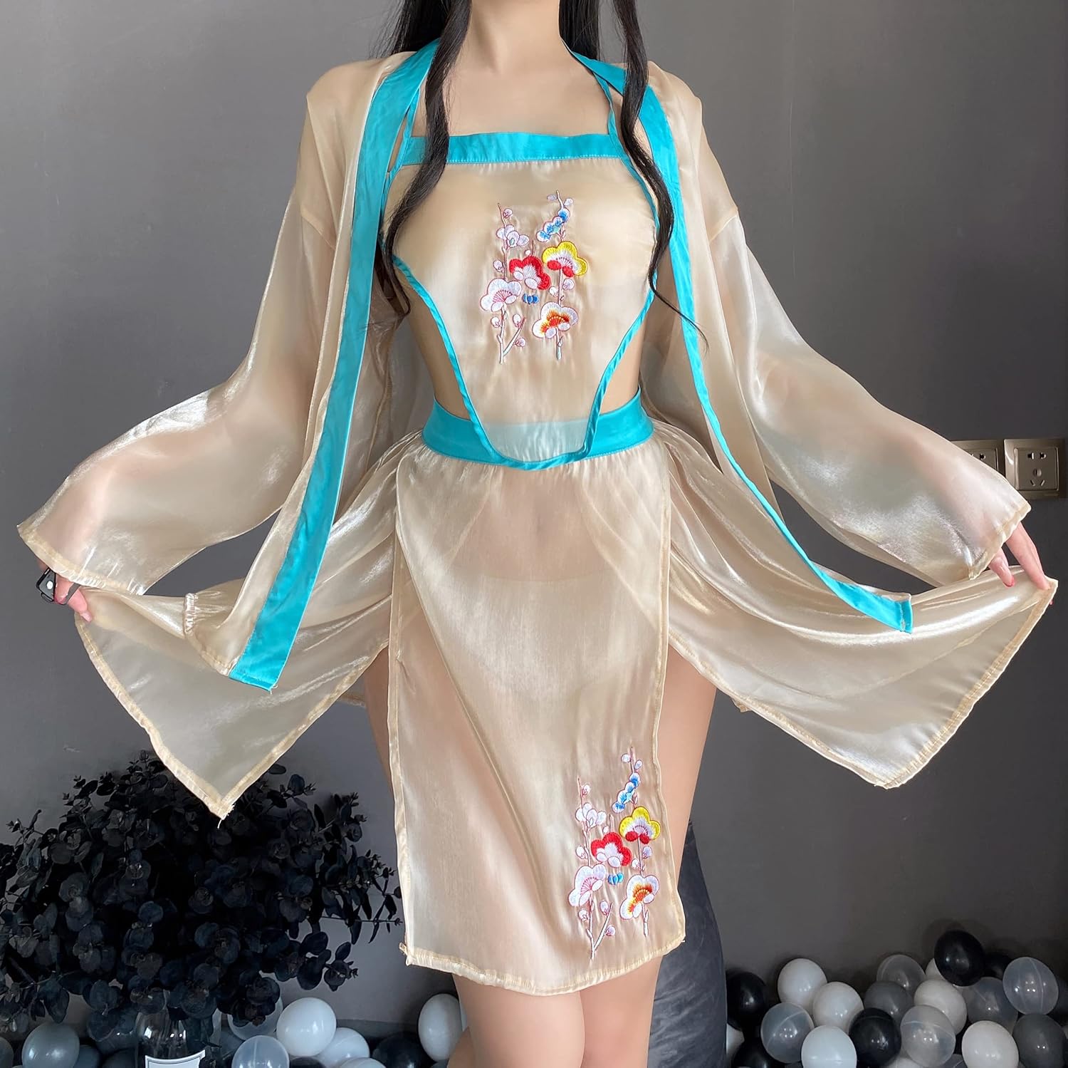 SINMIUANIME Women's Embroidered Hanfu Chinese Style Dress Blossom Satin Bathrobe Sleepwear Anime Kimono Cosplay Lingerie Set
