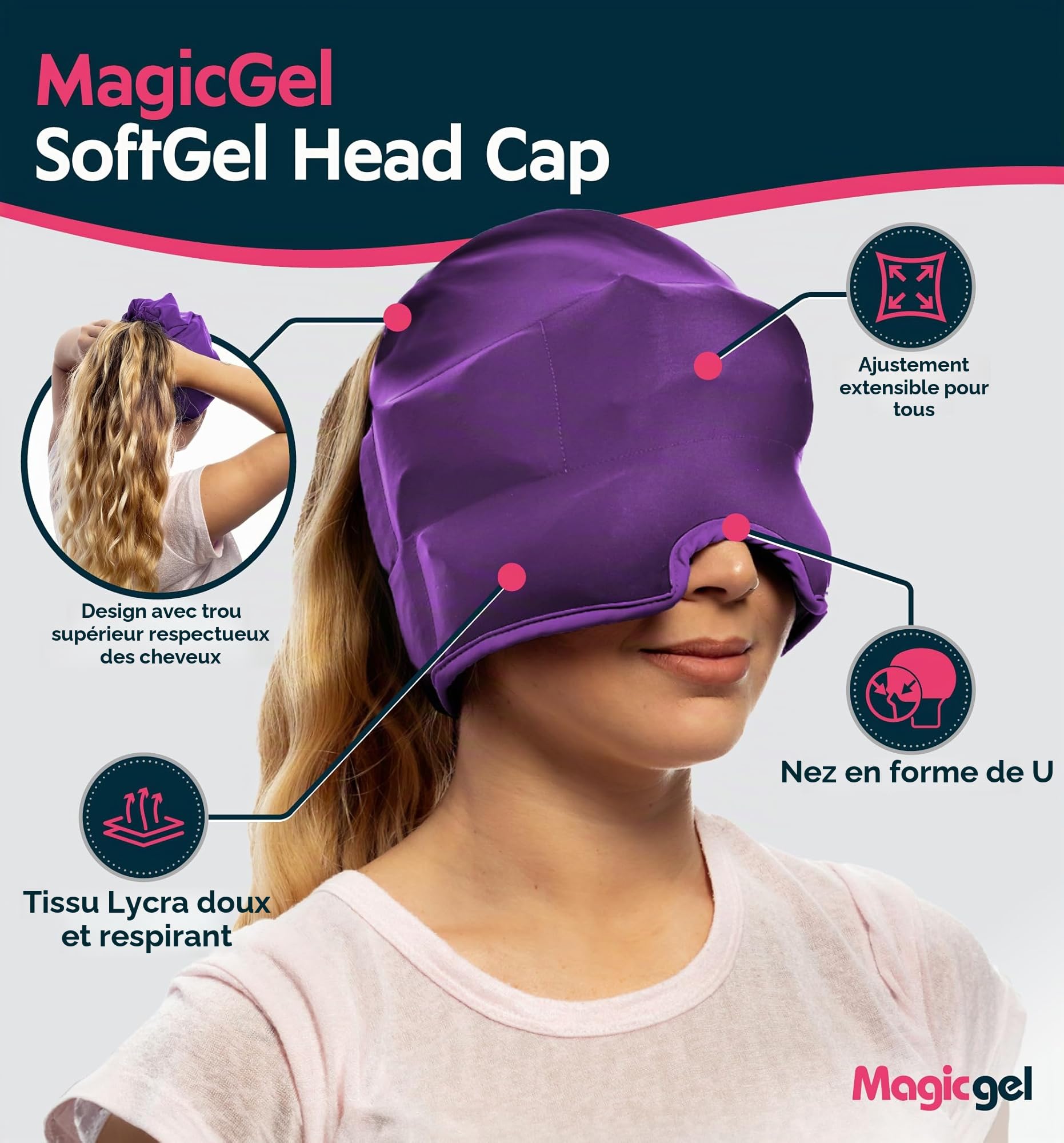 Casque de Soulagement pour Migraines Magic Gel | Soulagement Réel des Maux de Tête | Casque Original | Froid, Confortable, Sombre et Frais | Approuvé par les Médecins | (Violet)
