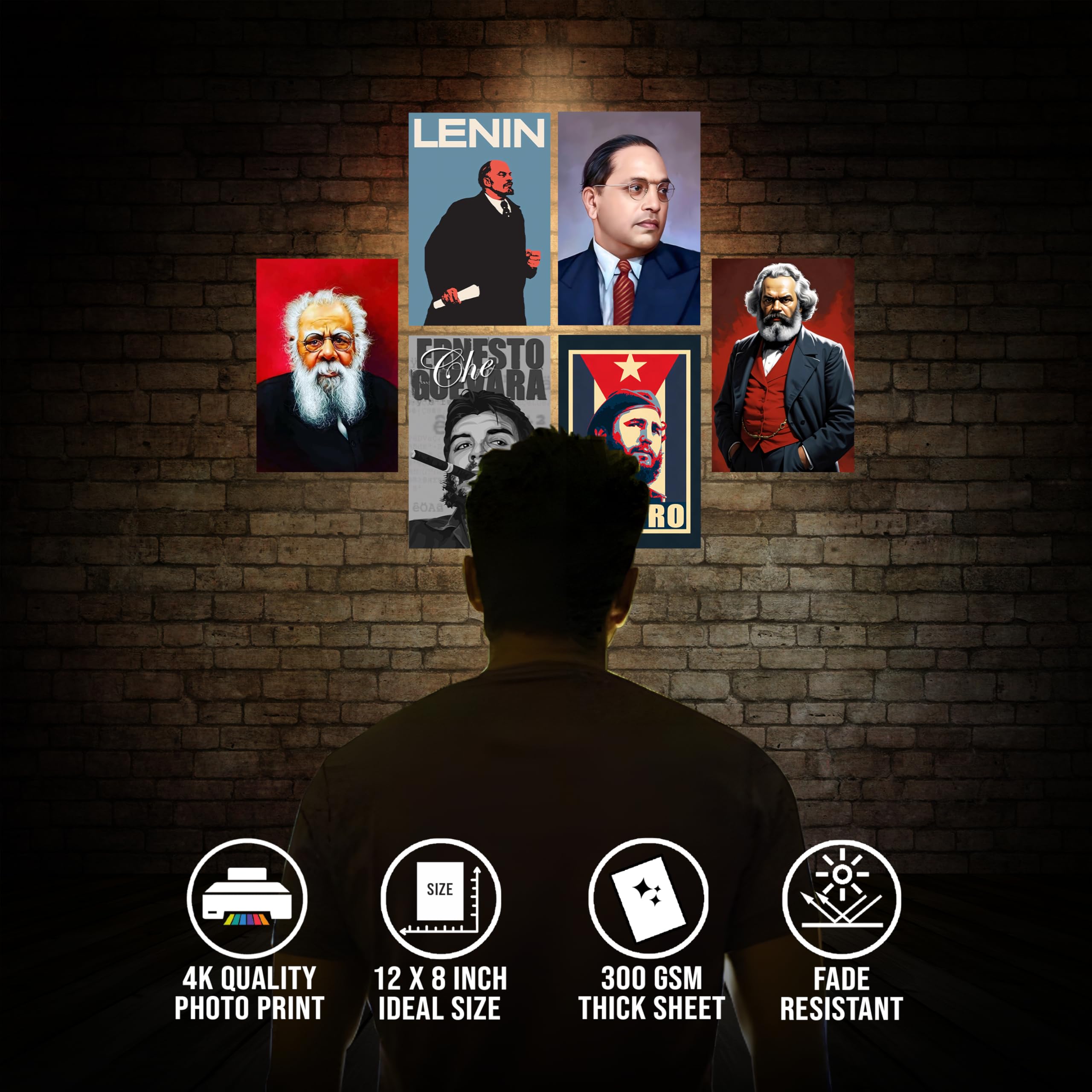 Motivational Posters For Wall (Pack of 6) - Ambedkar, Periyar, Karl Marx, Vladimir Lenin, Che Guevara, Fidel Castro Posters For Room Decoration | Inspirational Stickers of National Leaders (12 X 8") 1