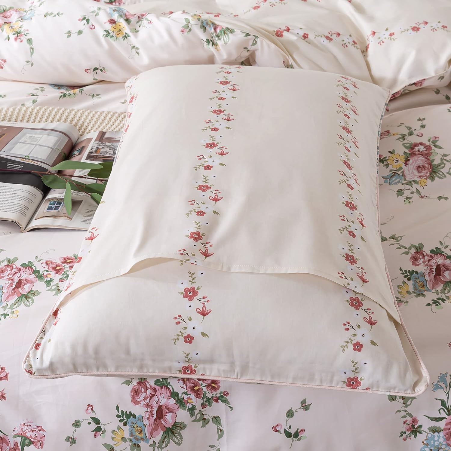 FADFAY Duvet Cover Set Twin XL Pink Rose Floral Bedding Vintage College Dorm Bedding Shabby Peony Quilt Cover Set 100% Cotton Comforter Cover Set with Zipper Closure 3Pcs, Twin XL Size for Dorm Room