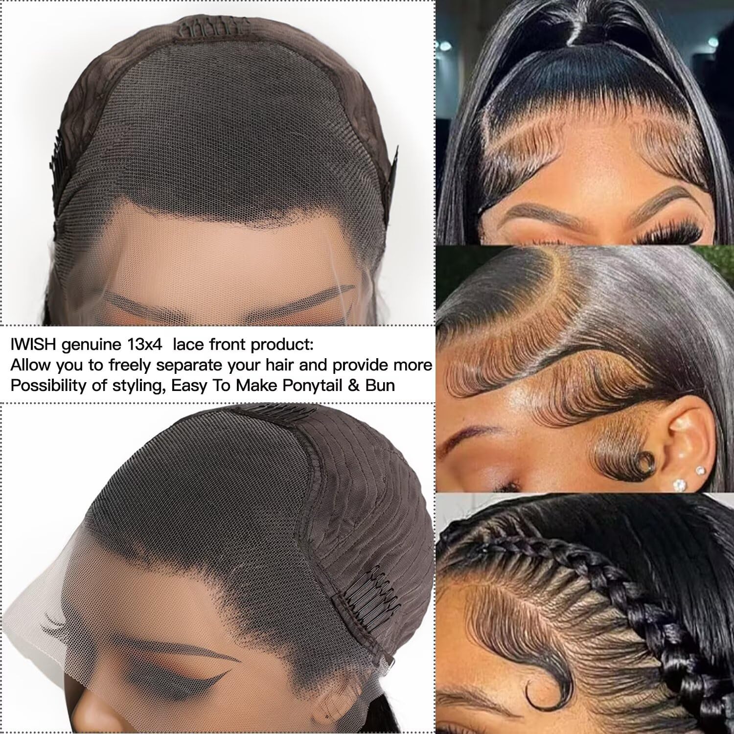 Iwish 13x4 Bone Straight Lace Front Wigs Human Hair 26Inch Silky Straight HD Transparent Lace Frontal Wigs 200% Density Virgin 12A Brazilian Human Hair Pre Plucked Natural Black - Image 3