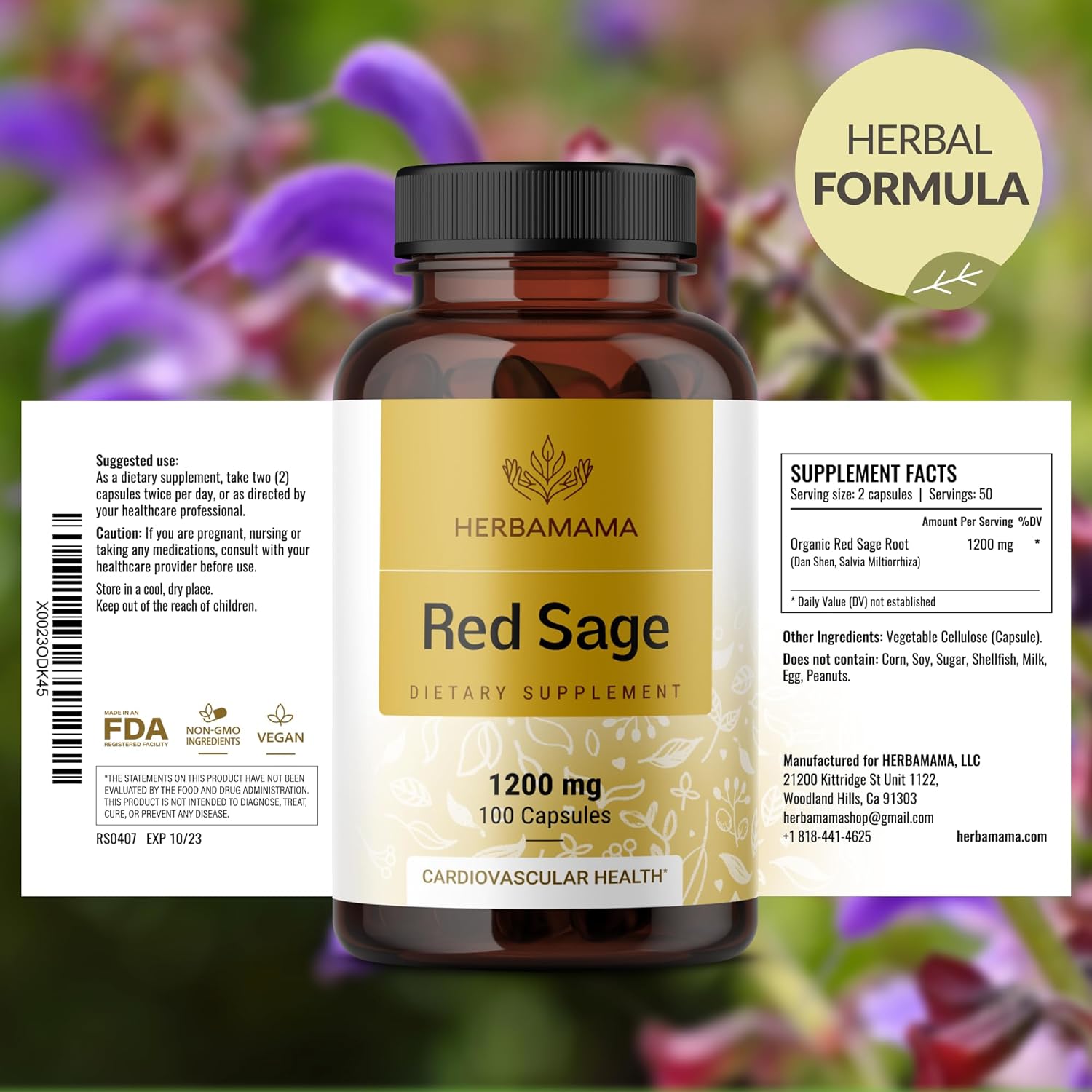 HERBAMAMA Red Sage Supplement Capsules - 1200mg Red Sage Root (Dan Shen) for Antioxidant Support - Vegan, Non-GMO Salvia Miltiorrhiza Supplement - Image 7