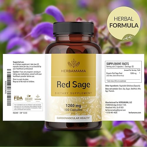 Miniatura 7 de HERBAMAMA Cápsulas de suplemento de salvia roja, 1200 mg de raíz de salvia roja (Dan Shen) para apoyo antioxidante, suplemento vegano, sin OMG