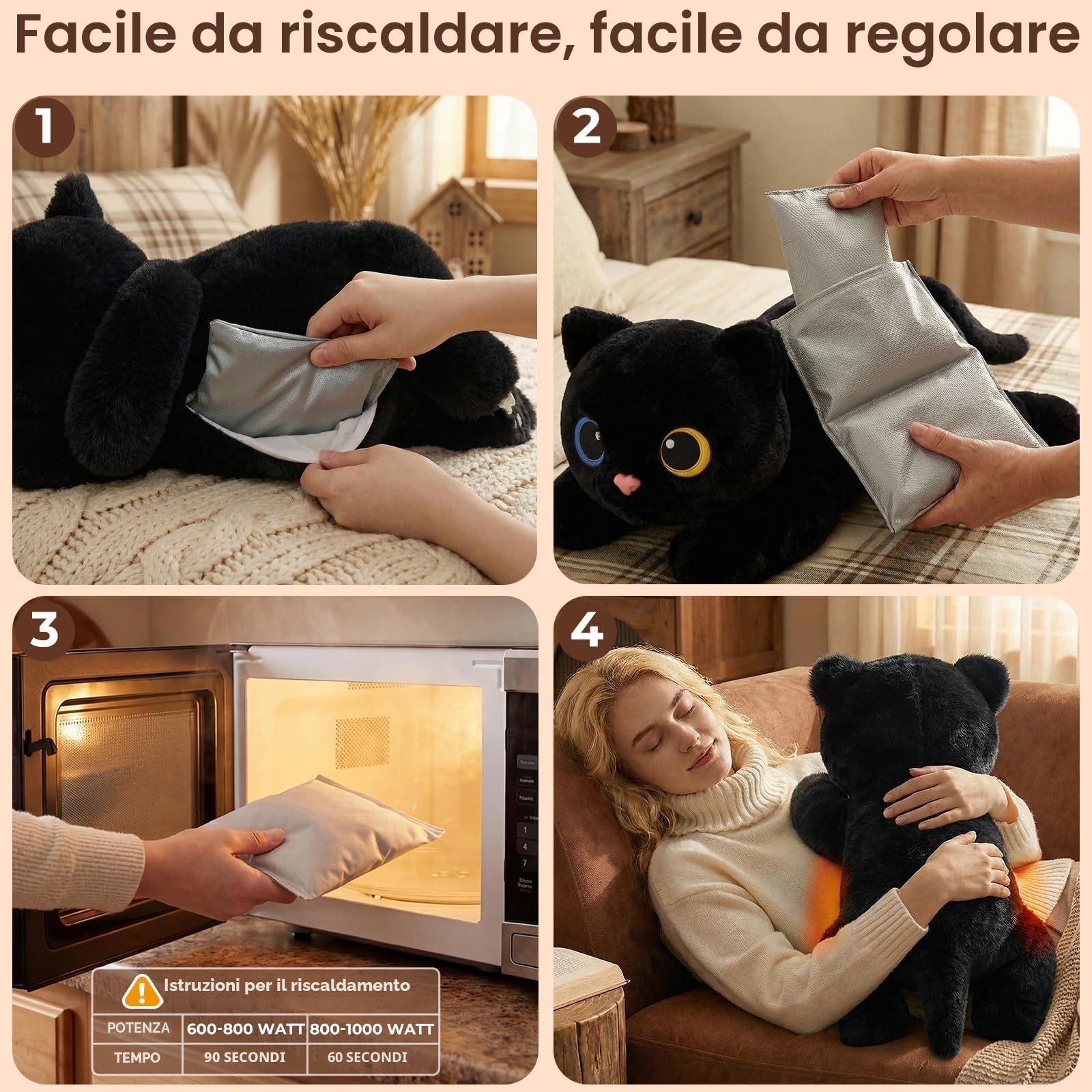 Mewaii Peluche Gatto Nero Riscaldabile e Ponderato da 23 Pollici con Cuscinetto Rimovibile – Peluche Morbido da Abbraccio per Bambini e Adulti, Regalo Soffice e Caldo per Tutte le Stagioni