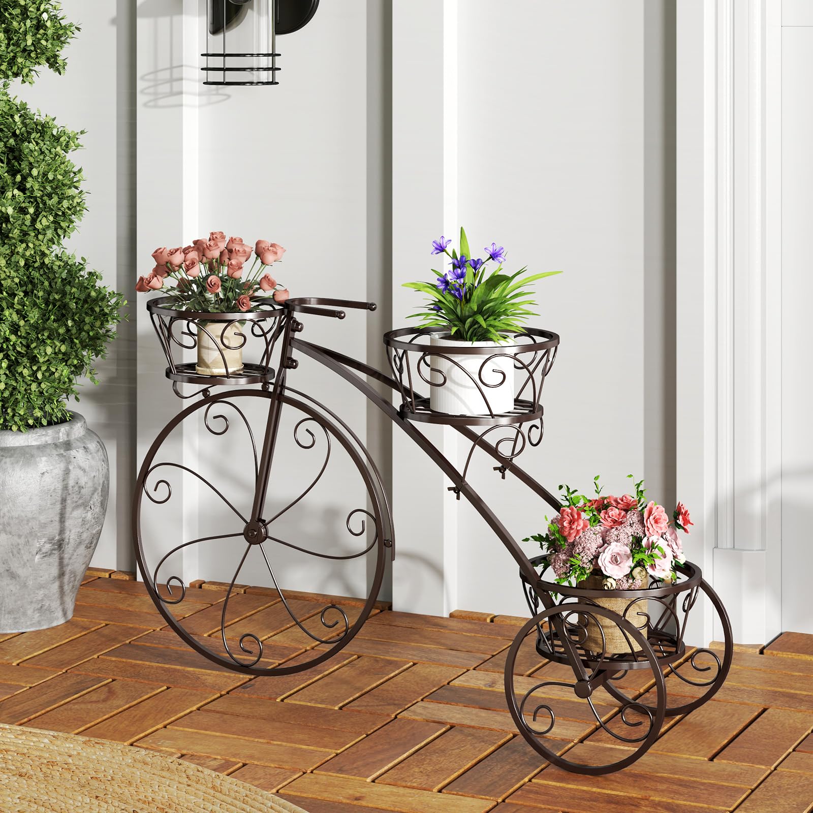 HOMASIS Support de Fleurs en Forme de Vélo, Échelle de Plantes en Métal avec 3 Niveaux, Jardinière pour Plantes, Style Vintage pour Jardin, Balcon, Bureau, Étagèrer, 85 x 25 x 50 cm, Bronze