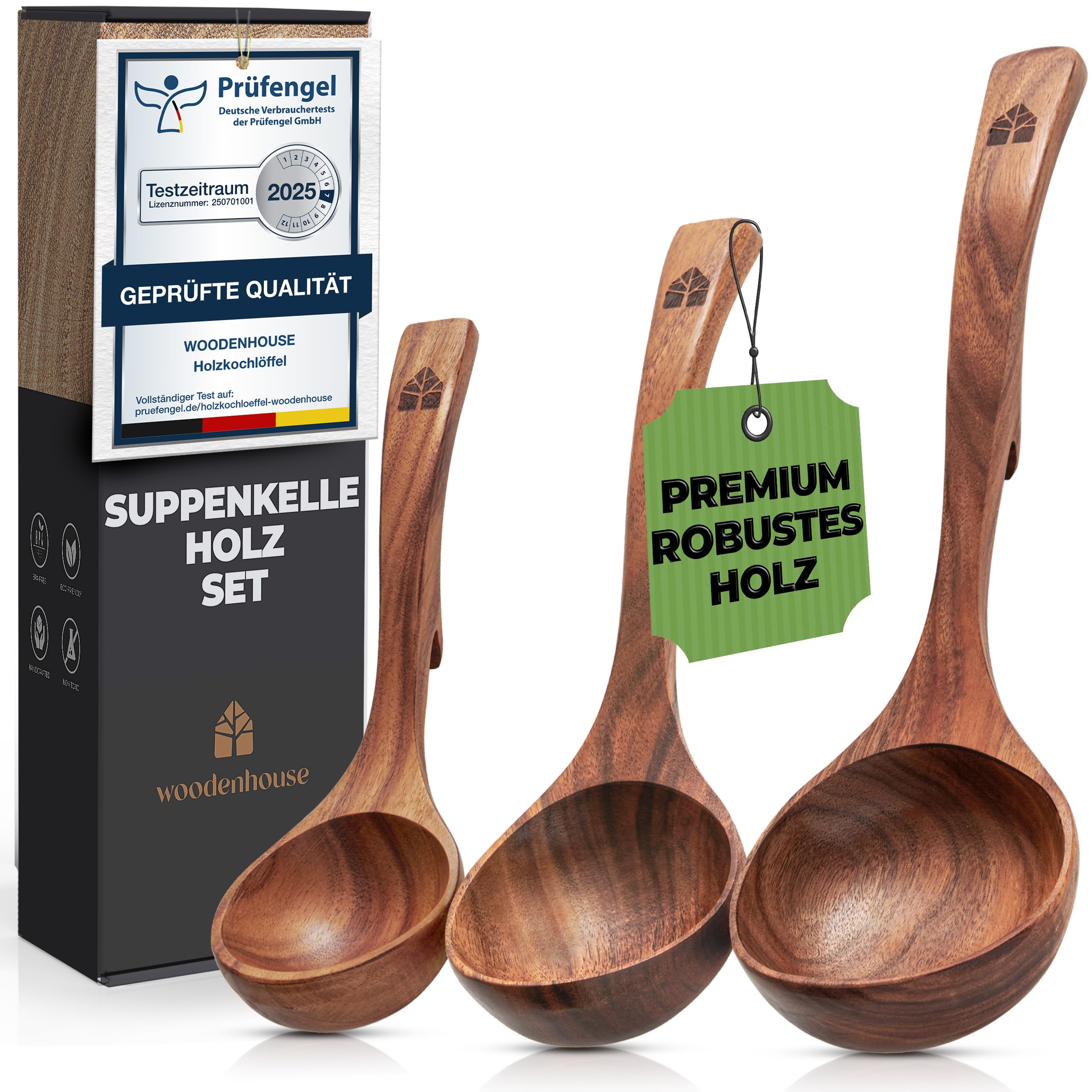 Suppenkelle Holz Set aus Teakholz - Robustes & nachhaltiges Holzkochlöffel Set - BPA-FREI Schöpflöffel in Groß, Mittel und Klein - Verschiedene Größen für unterschiedliche Kochaufgaben