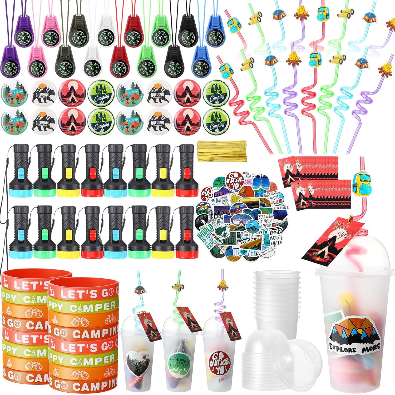 Yaomiao 163 Pcs Spring Camping Party Favors with Mini Compass for Kids Flashlights Keychain Cups with Dome Lids Silicone Bracelets Stickers Badge Plastic Straw Tag for Camping Adventure Valentine Gift