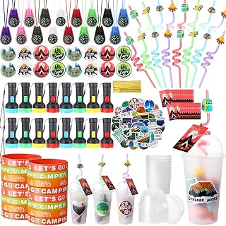 Yaomiao 163 Pcs Camping Party Favors with Mini Compass for Kids Flashlights Keychain Cups with Dome Lids Silicone Bracelets Stickers Badges Plastic Straw Tag for Camping Adventure Birthday Gift