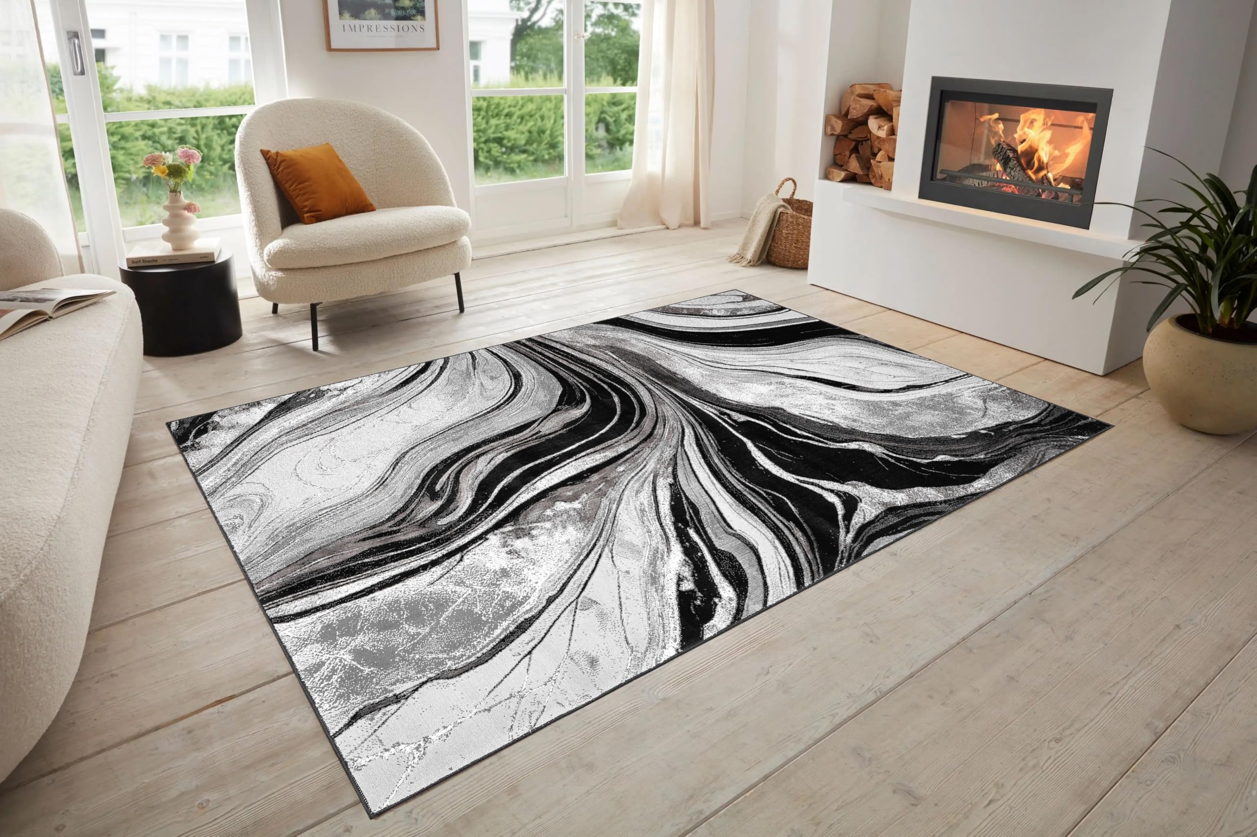 Mh Bedding Store ltd Marble Pattern Area Rug – Abstract Design Carpet for Living Room, Bedroom, Hallway, Kitchen Runner, Floor Mat, or Door Mat (Black White, 240 x 320 cm)