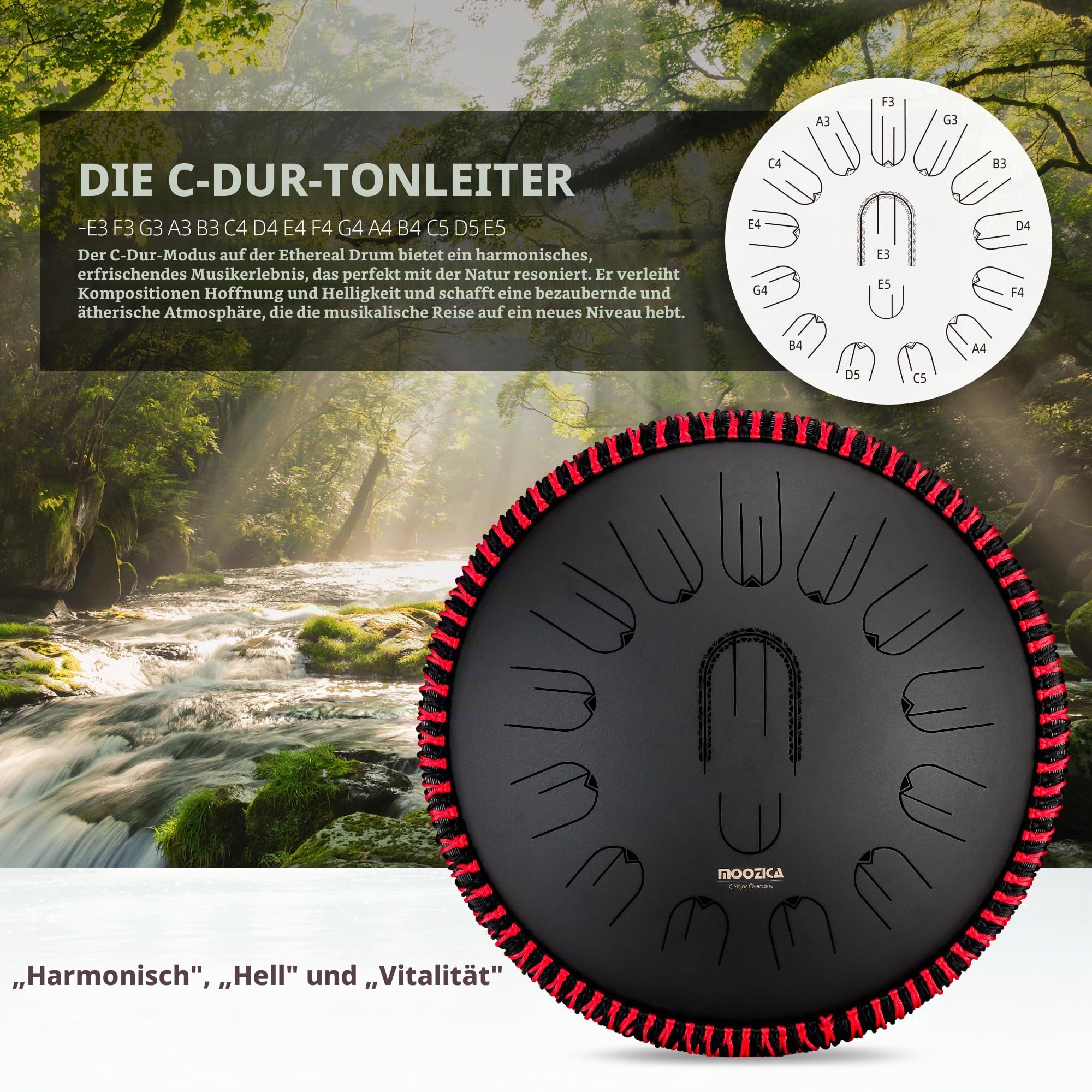 MOOZICA Zungentrommel 15 Zoll Steel Handpan – 15 Noten in C-Dur 432Hz Zungentrommel mit Oktav-Oberton-Design – professionelles Percussion-Zungentrommelinstrument (C-Dur, Schwarz)
