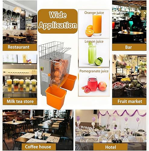 Miniatura 8 de Máquina exprimidora naranja comercial de 110 V, extractor automático de acero inoxidable naranja con engranajes de acero, 2 cáscaras que recogen