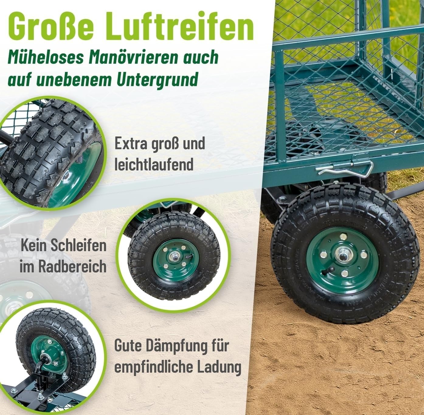 Gitterwagen Transportwagen bis 300kg – Robuster Handwagen mit Luftreifen, Abnehmbare Gitterwände, Ideal für Garten, Hof, Baustelle, Metallkonstruktion, Belastbar für schwere Lasten