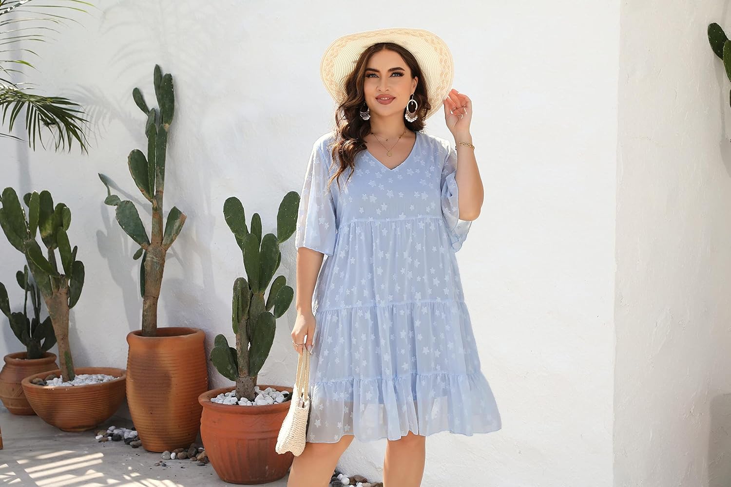 Women's Plus Size Summer Chiffon Loose Fit Dress Casual V Neck Belly Sleeve Babydoll Maternity Dress Sundress