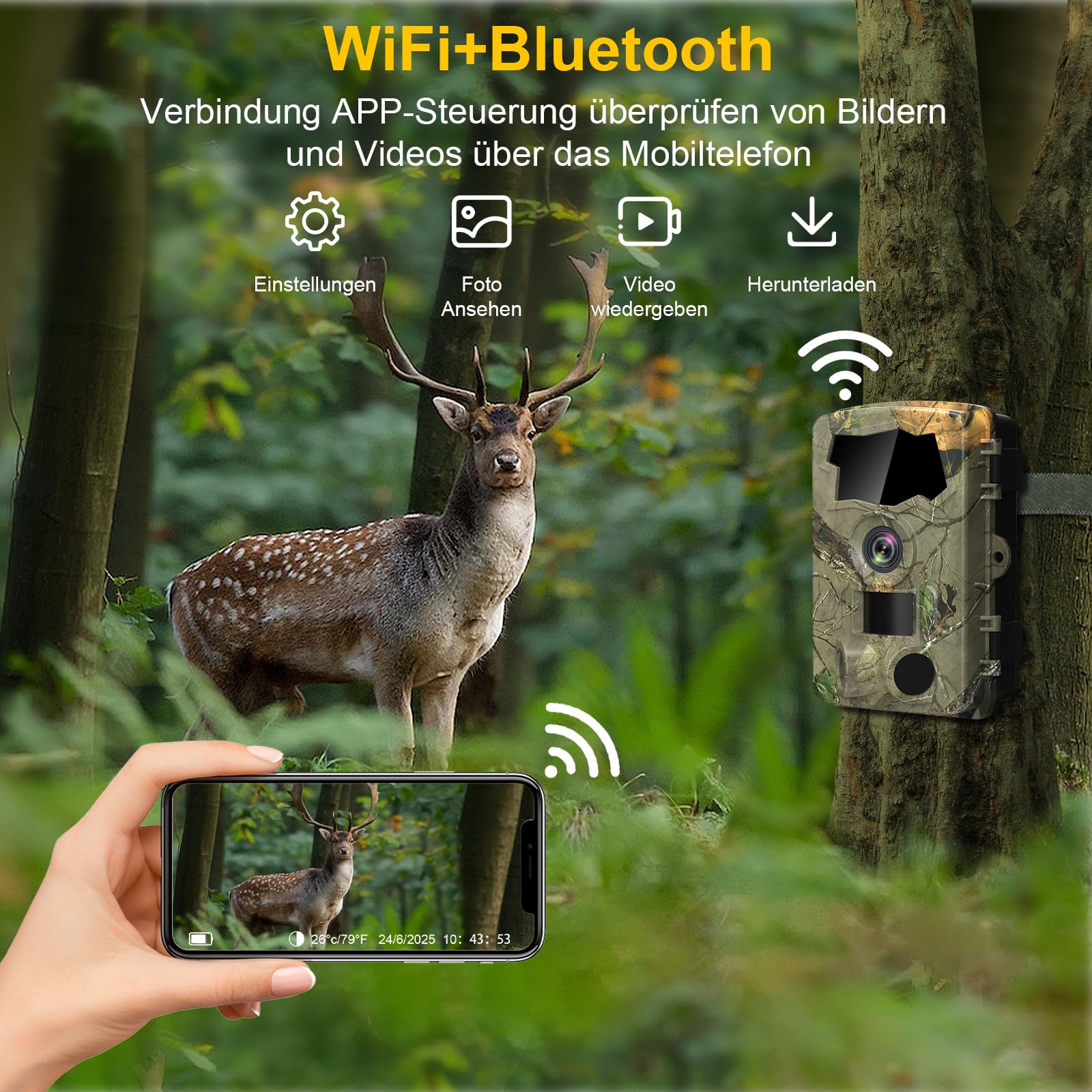 Lutranstra 5K Wildkamera WLAN 64MP Full HD Infrarot Wildtierkamera Bewegungssensor Nachtsicht IP66
