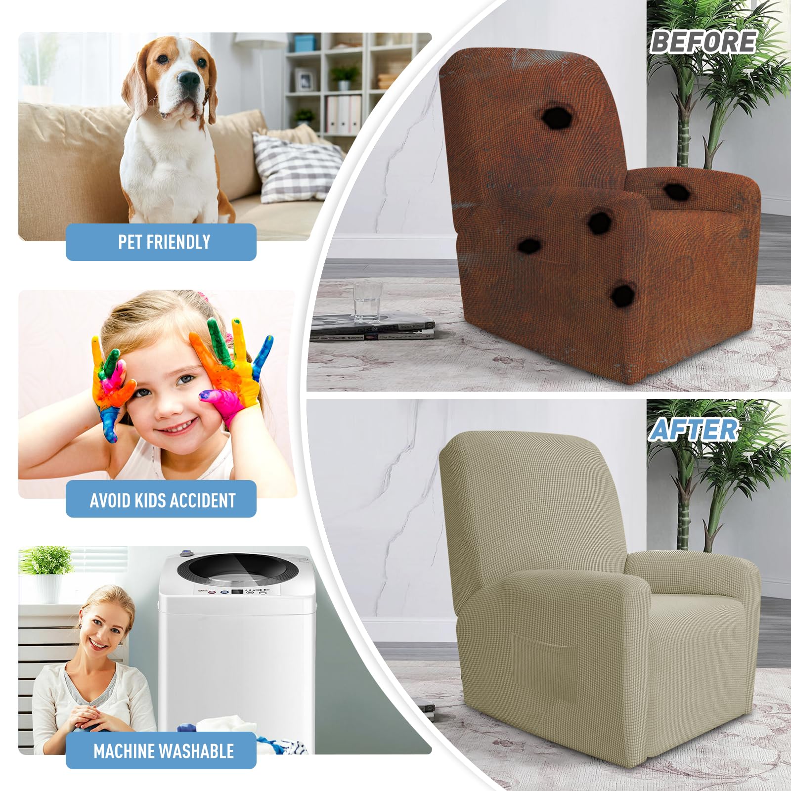 JIVINER Lot de 4 Housses de canapé Super Extensibles en élasthanne Doux et inclinable avec Poches pour Fauteuil inclinable (inclinable, Kaki)