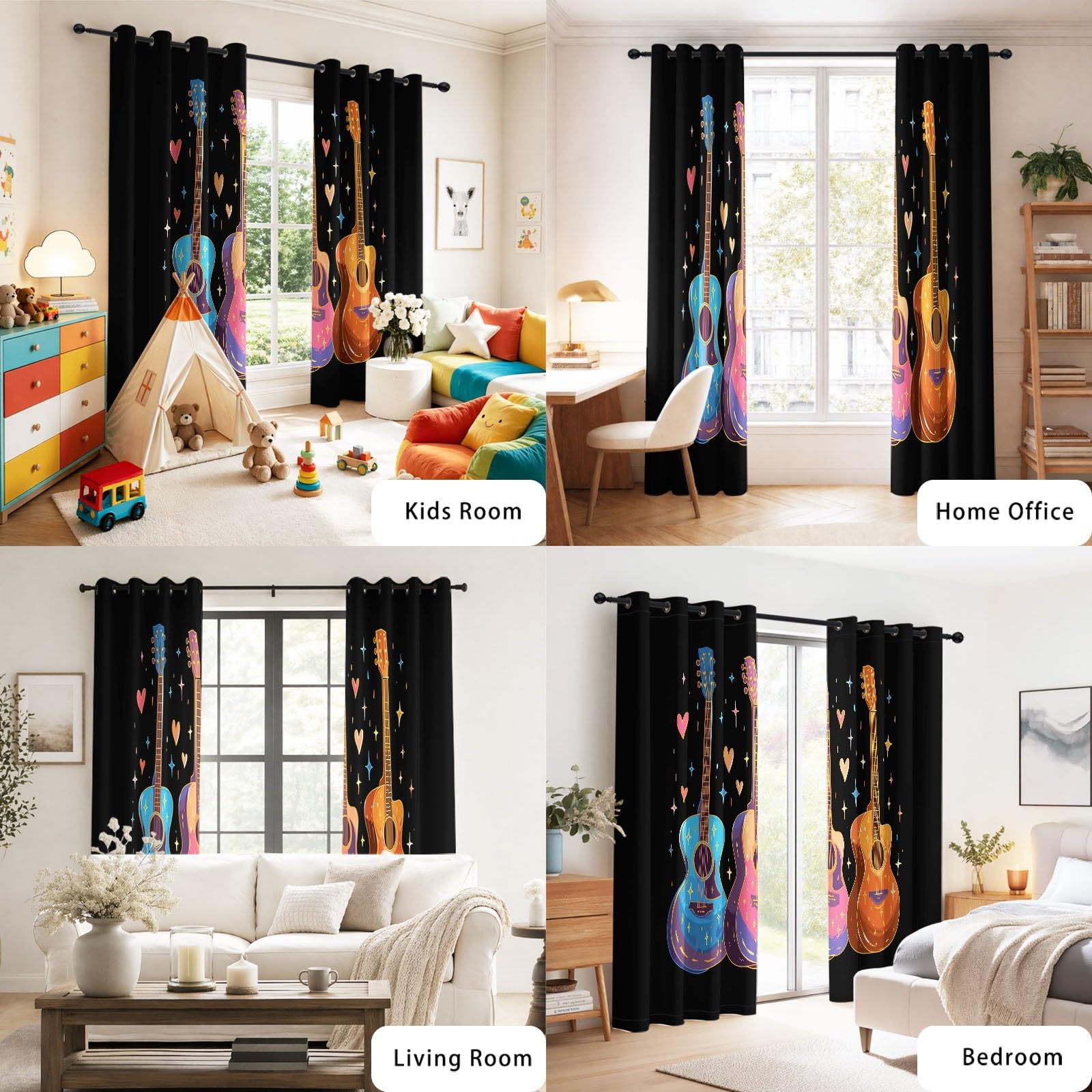 Generisch Pop Art - Cortinas opacas con ojales para guitarra, notas musicales, estrellas, térmicas, para habitación infantil, dormitorio, salón, juego de 2 unidades, 245 x 140 cm (alto x ancho)