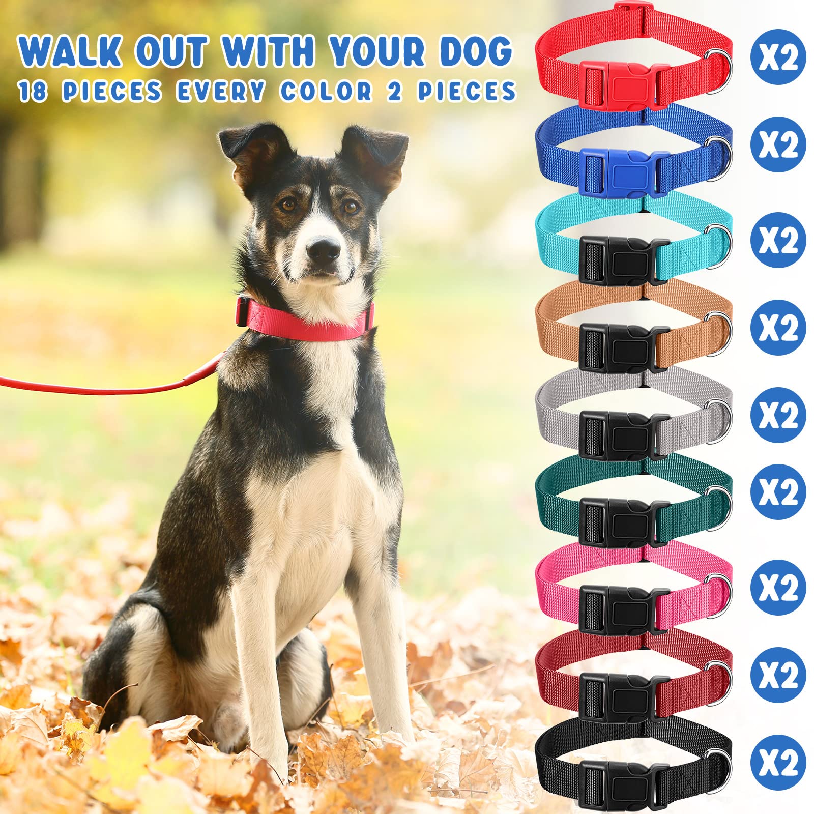 18 Stück verstellbares Hundehalsband, Nylon, weiches Neopren, gepolstertes Halsband mit Schnalle, strapazierfähig, mittelgroße Hundehalsbänder für mittelgroße Hunde (groß, dunkle Farbe)