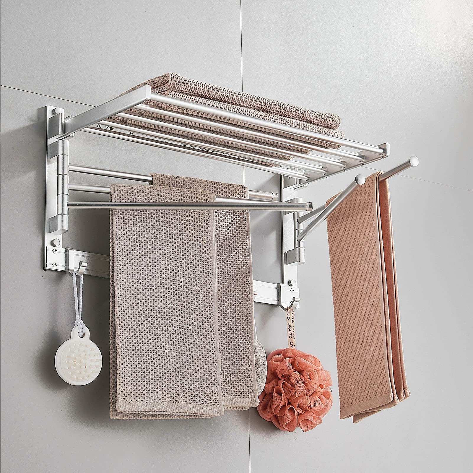 Laundry Clothes Drying Rack Wall Mounted Foldable Swivel Drying Towel Rack, Easy to Install with Hooks and Swing Arms, Space Saver Drying Rack for Bathroom Laundry Kitchen Indoor Outdoor(23.7" 5 Rods)
