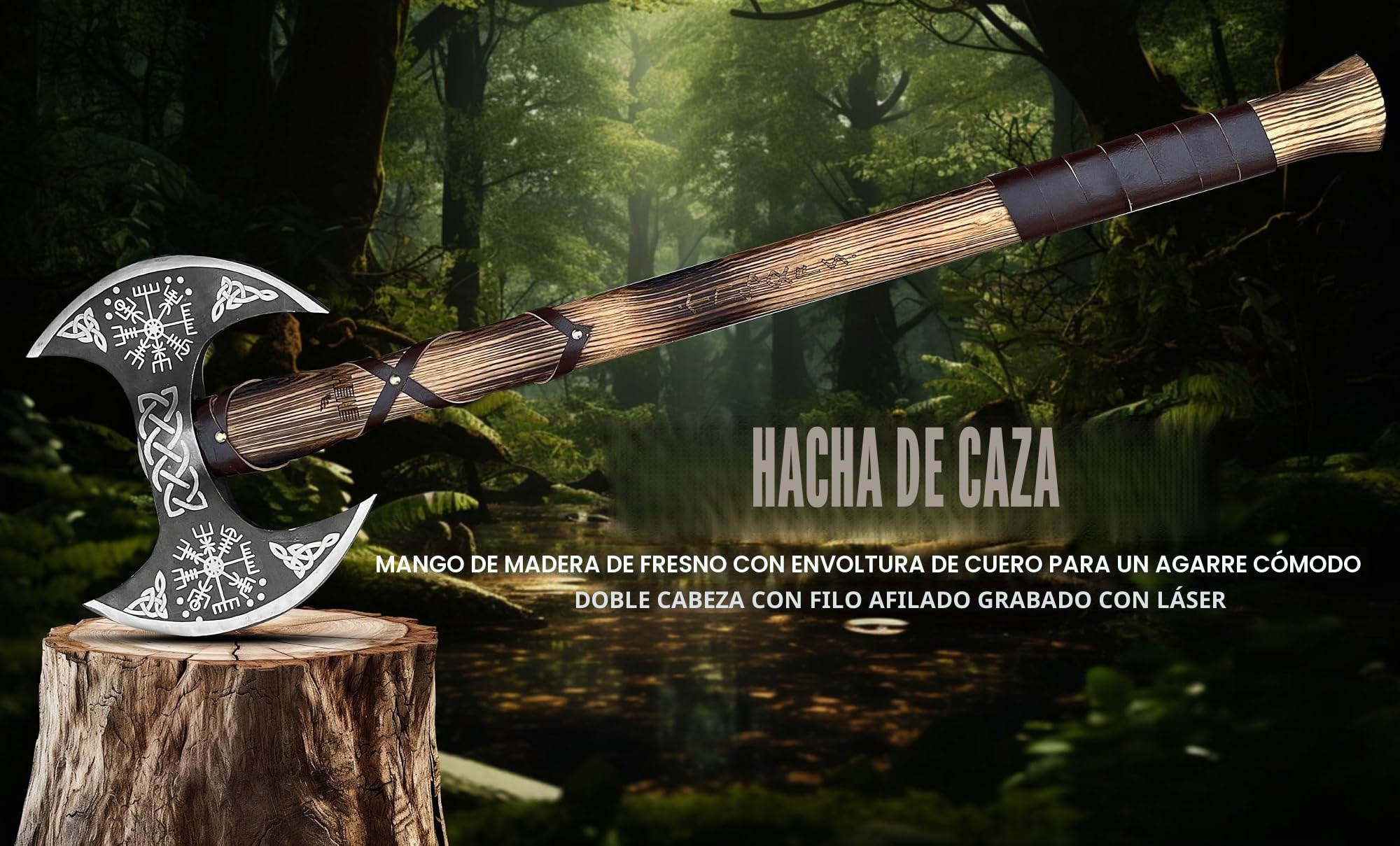 NovaHaven Hacha decorativa hecha a mano, hoja de acero al carbono con mango de ceniza y cuero, varios diseños, incluye funda protectora, 4 variantes (hoja doble)