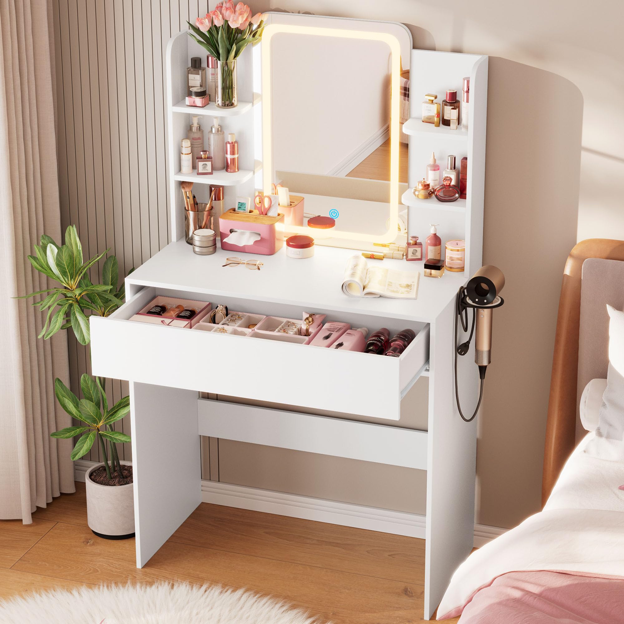 HAIOOU Small Vanity Desk with Mirror and Lights, Makeup Vanity Desk with Storage Drawer, Compact Dressing Table with 3-Tier Open Shelf for Girls Women