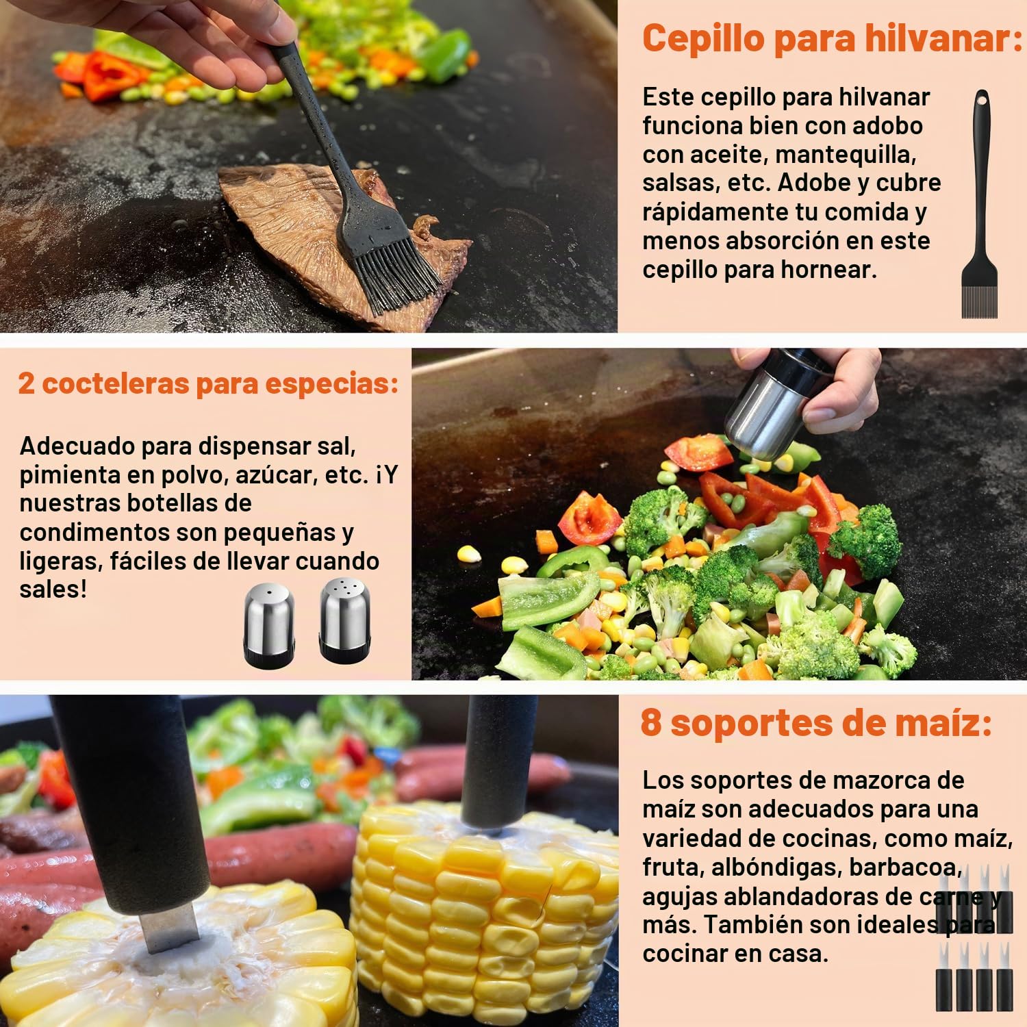 N NOBLE FAMILY 38PCS Kit de Accesorios para Plancha, Profesional de Herramientas de Barbacoa para Cocina al Aire Libre, Kit de Espátulas de Acero Inoxidable con Pinzas, Plancha para Hamburgesas