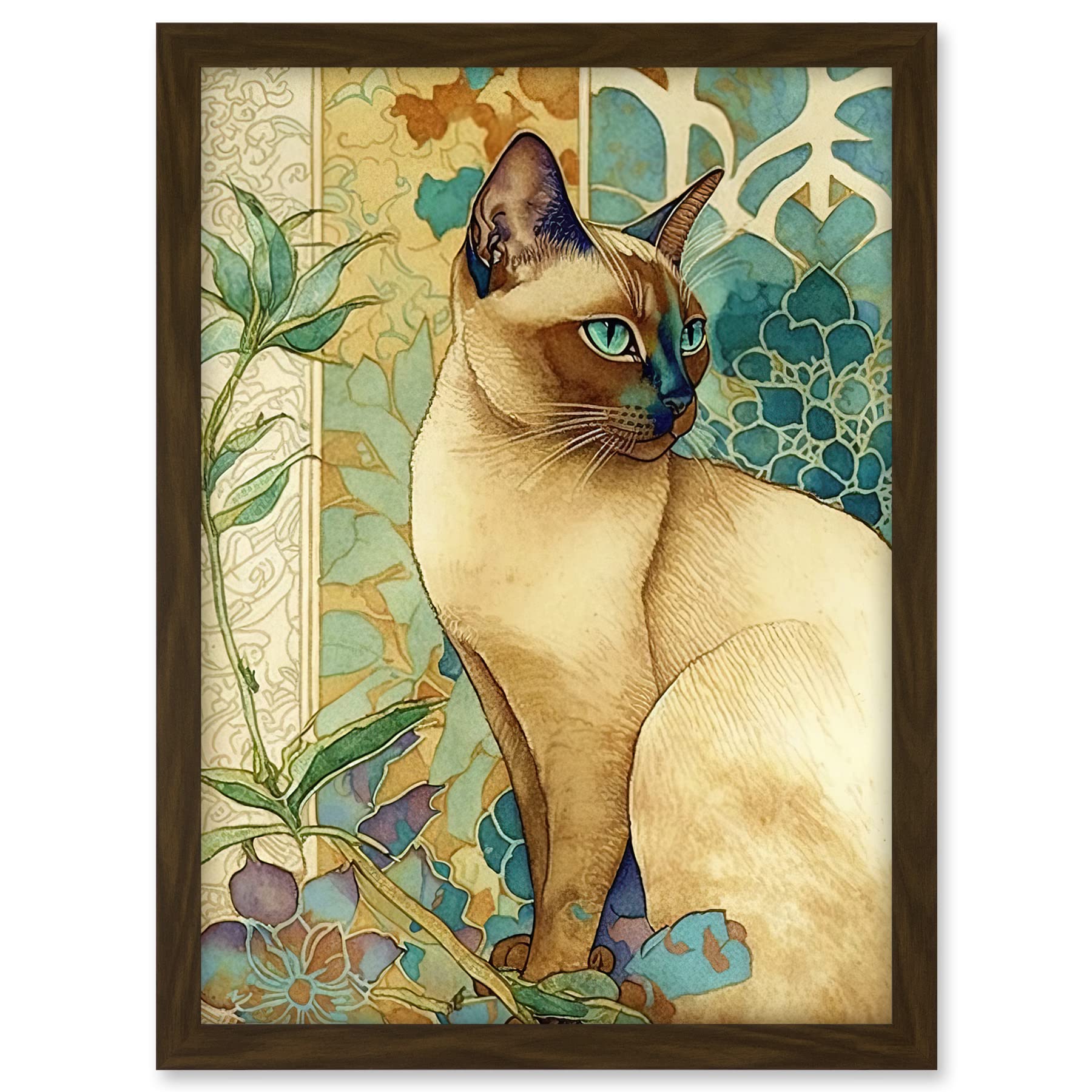 Artery8 Tonkinese Cat with Art Nouveau Botanical Patterns Colourful Watercolour Illustration Artwork Framed A3 Wall Art Print
