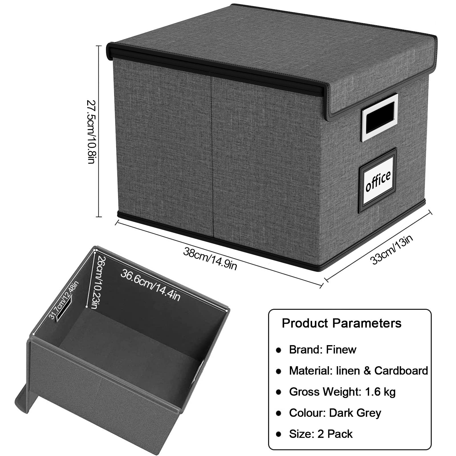 Finew Scatola di archiviazione portatile pieghevole con coperchio e scivolo | Scatole organizer da appendere in lino, decorative per casa/ufficio, per file e cartelle, confezione da 2 (grigio scuro)