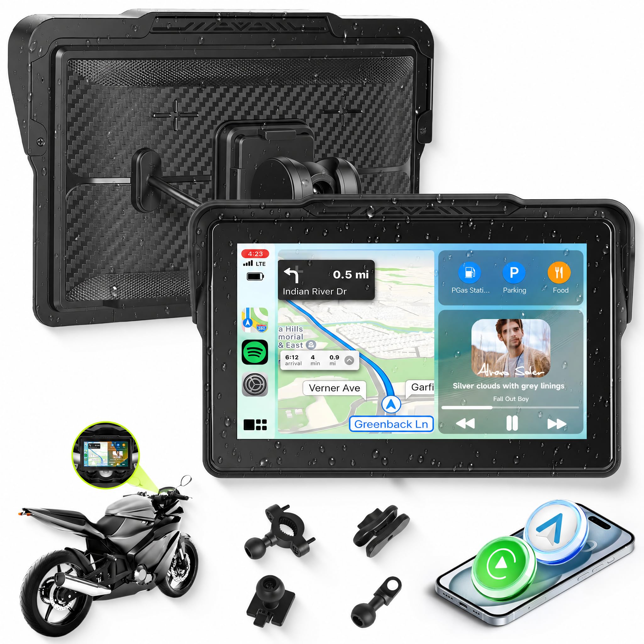 Rimoody 7-Inch Motorcycle Carplay Screen with Wireless Carplay Android Auto for Car, Bluetooth, Supports GPS Navigation, IP68 Waterproof, Detachable Mount, Tire Pressure Monitor, Voice Control