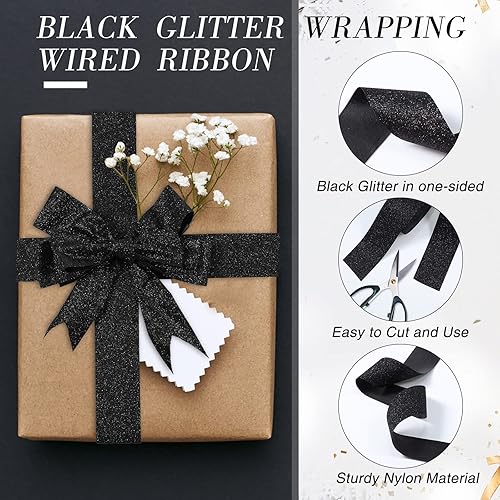 Miniatura 3 de 2 rollos de cinta con purpurina de 1-12 pulgadas x 10 yardas, cinta de borde cortado para envoltura de regalos, cinta brillante para envolver