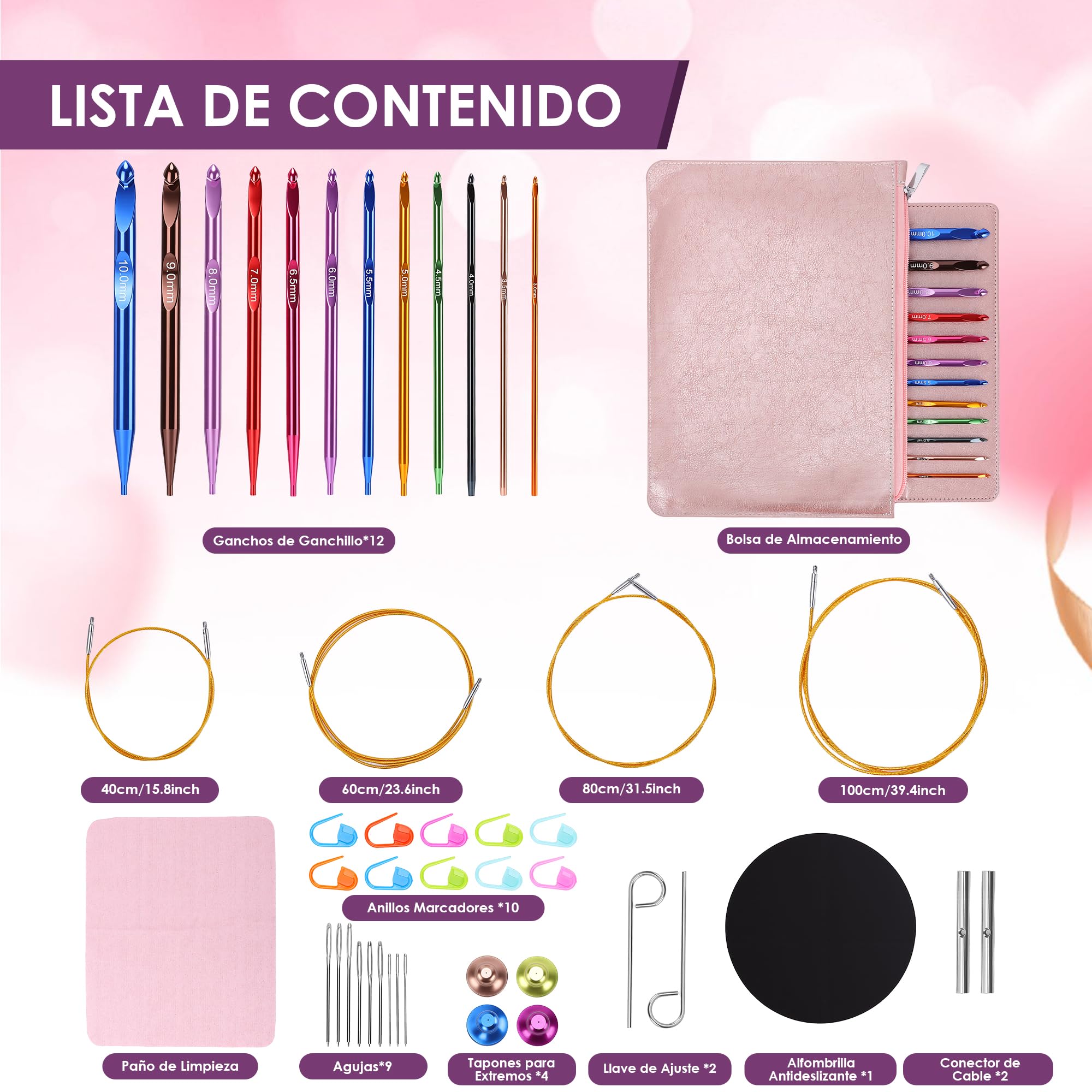 Ganchos de Ganchillo Intercambiables, Paquete de Accesorios para Manualidades de 12 Piezas, Aleación de Aluminio y Metal con Cables 40 60 80 100cm
