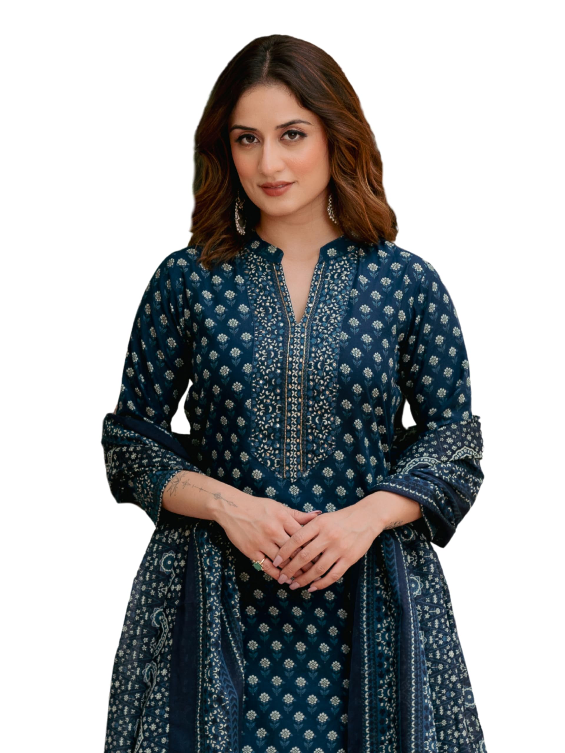 arayna Women’s Pure Cotton Printed Kurta Pant Dupatta Set with Hand-Finished Embroidered Neckline | Straight Ethnic Suit Set for Women-picture-50