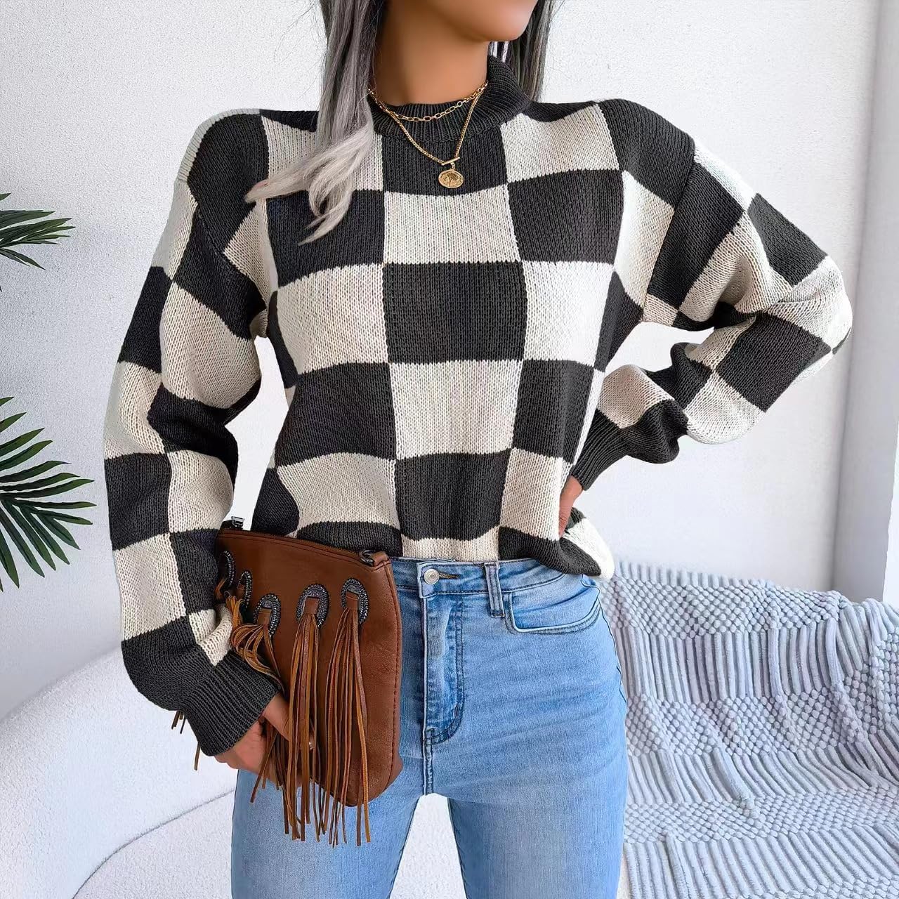 Women's Color Block Checkered Crew Neck Long Sleeve Y2K Plaid Knitted Pullover Sweater Tops Vintage Preppy Style Knitwear - Image 5