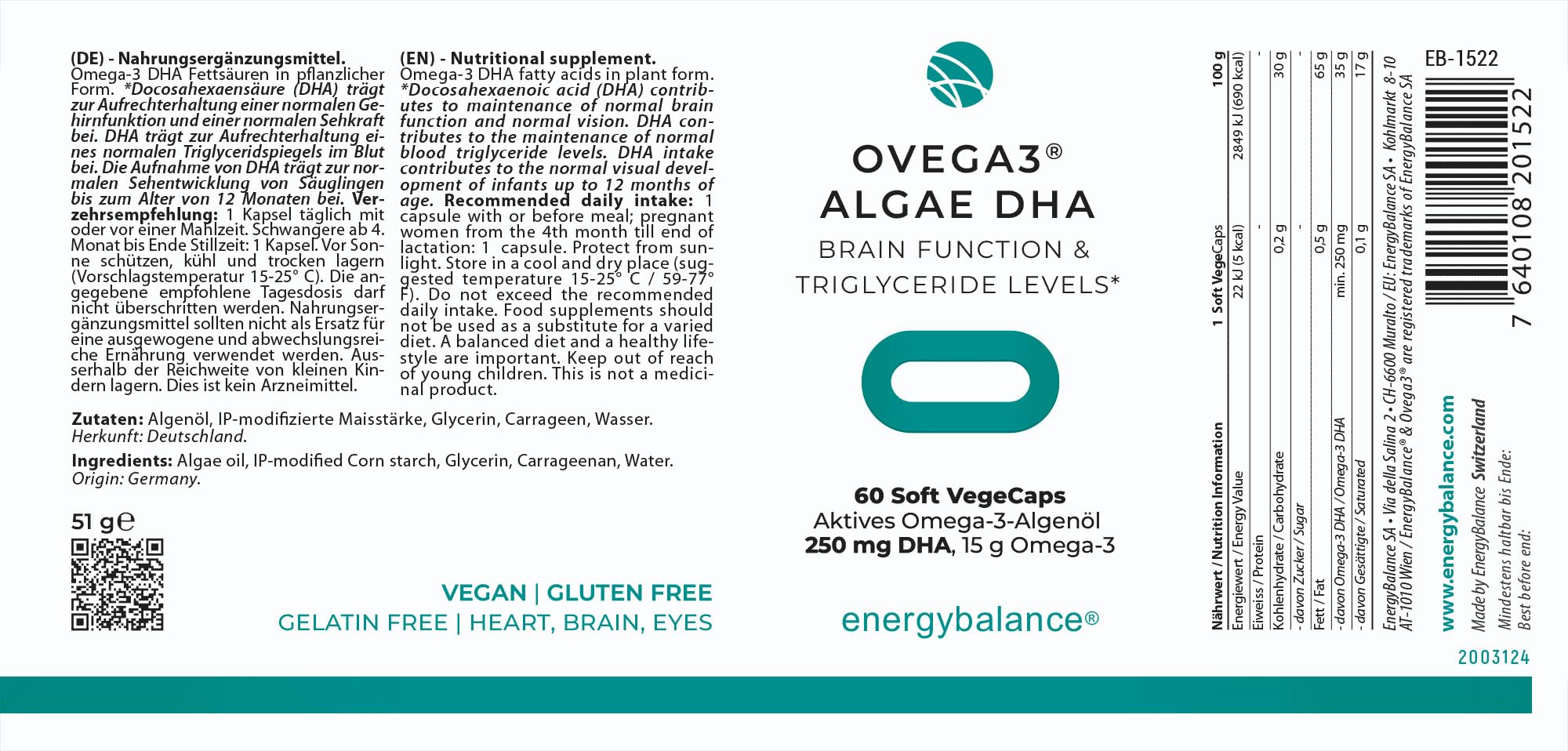 EnergyBalance Ovega3 Algae DHA – Veganes Omega 3 aus Algenöl – 60 VegeCaps mit 250 mg DHA – Pflanzliche Alternative zu Fischöl – Ohne Gelatine, Vegan, Glutenfrei
