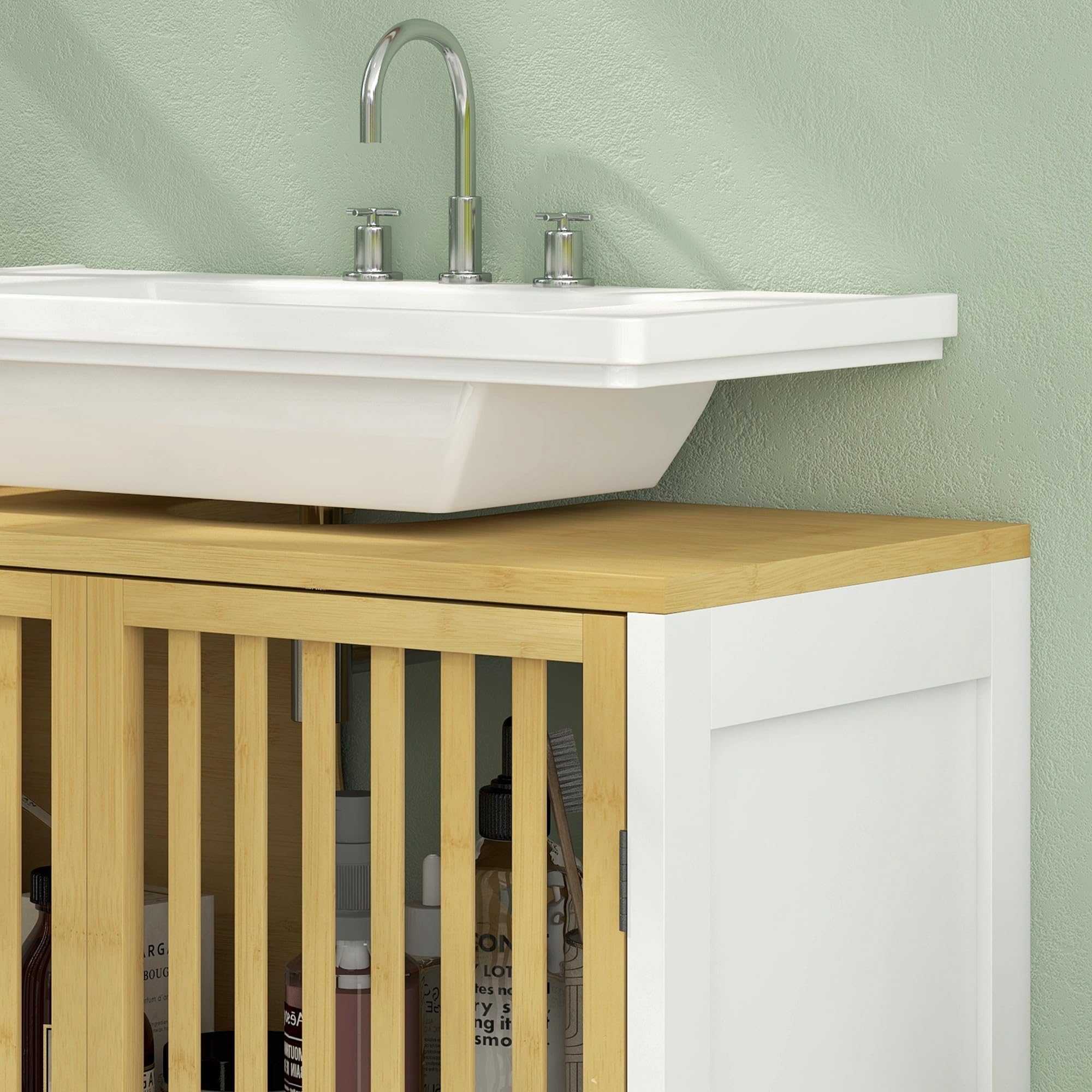 HOMCOM Meuble sous Vasque Meuble de Salle de Bain 2 Portes avec étagère réglable Armoire de Rangement pour lavabo 60 x 30 x 70 cm en Bambou Blanc et Naturel