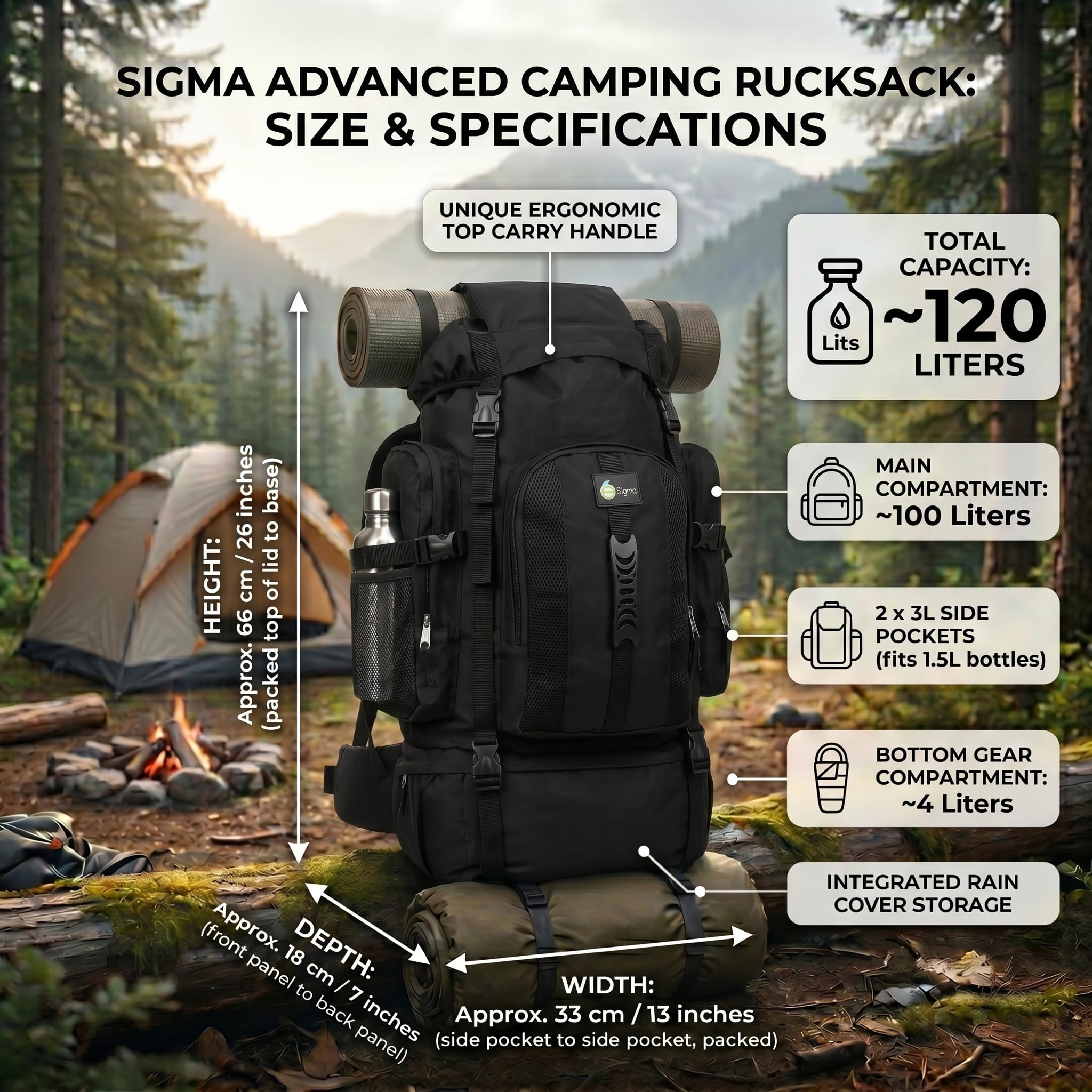 Sac à dos de voyage extra large 120 L pour accessoires de camping – Séchage rapide Grand sac à dos pour camping, pêche et randonnée – Idéal pour homme et femme, Noir , 120 Litre