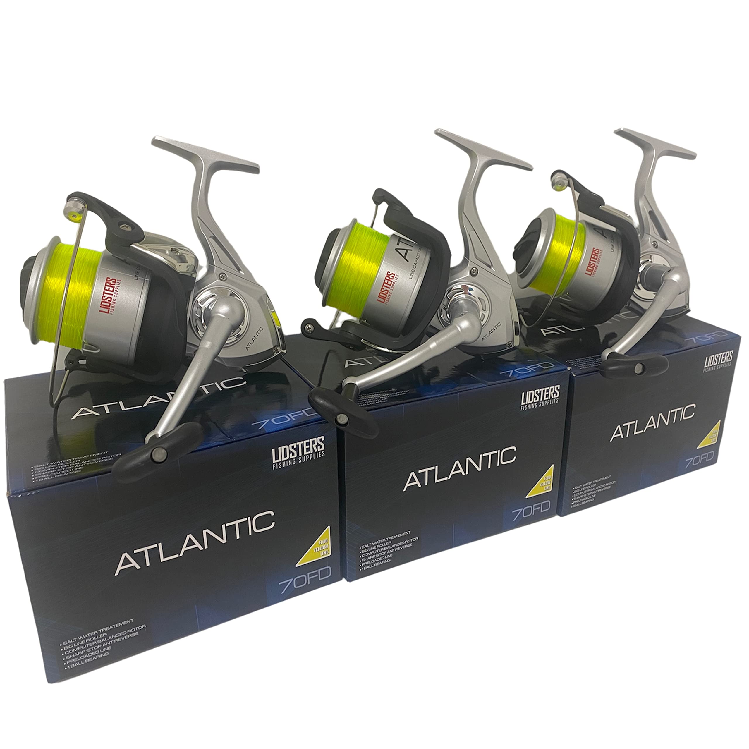 3 NEW LARGE ATLANTIC 7000 SEA FISHING LIDSTERS BEACH PIER REEL AND YELLOW LINE 7