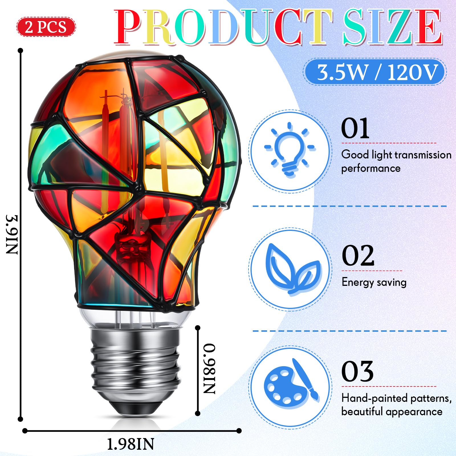 Baquler 2 Pcs LED Stained Glass Bulb A19/A60 3.5w E26 Base