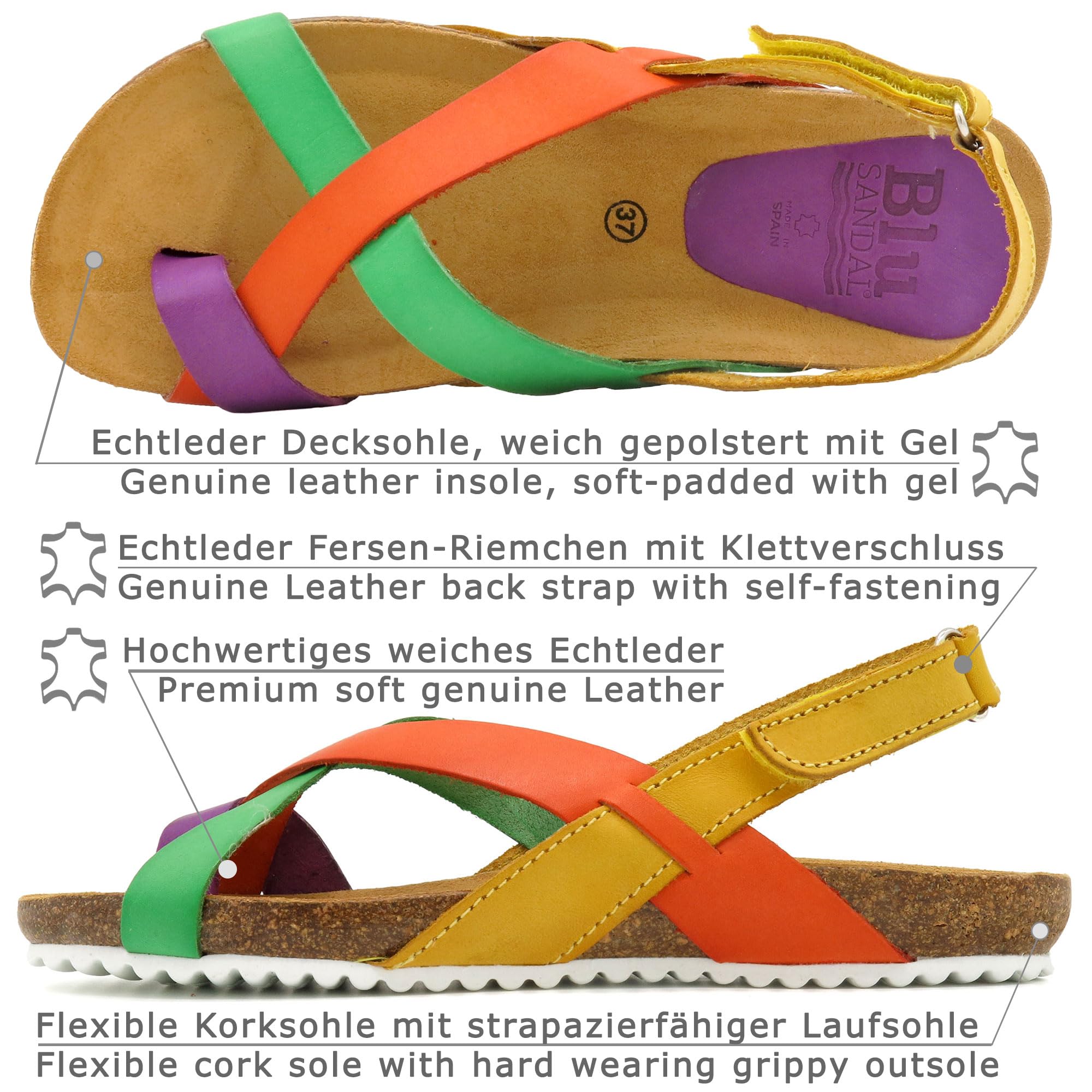 CASUAL Sandales en cuir pour femme avec semelle anatomique en cuir véritable avec rembourrage en gel et semelle en liège