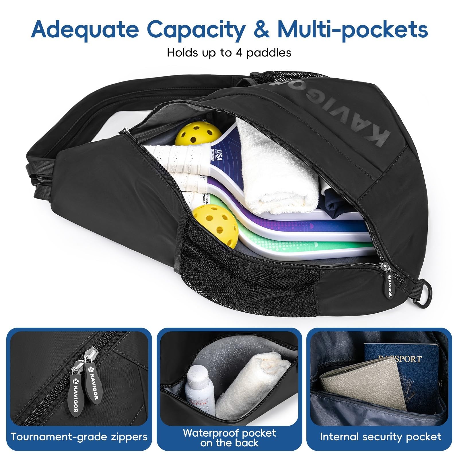 Condition photo showing New/Like New for kavigor pickleball sling bag, convertible ultra-light backpack with skin-soft fabric & wet/dry pocket, fits 4 paddles + gear