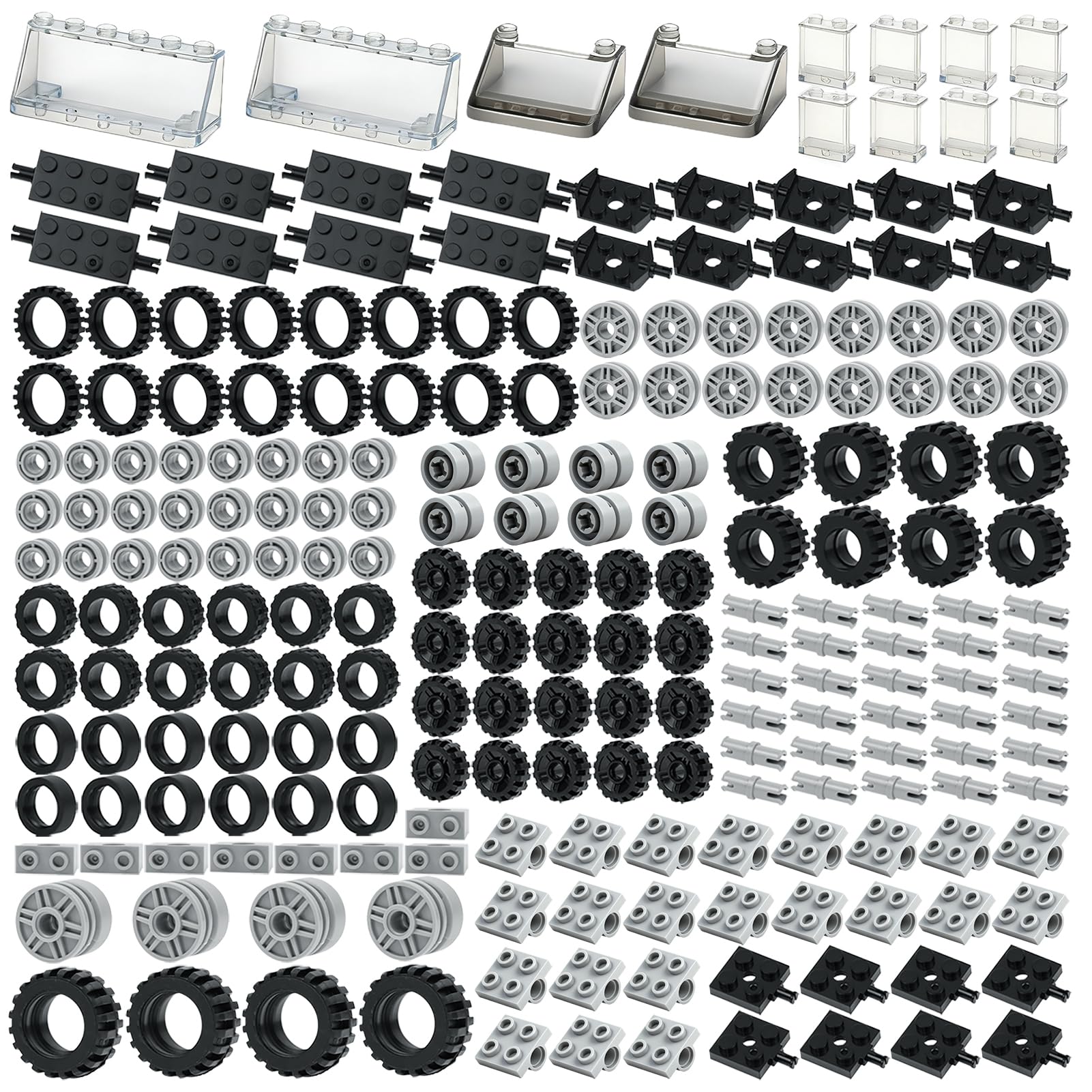 MALEKO Wheels and Axles Sets, 224pcs Car Parts and Pieces Tires Accessories Building, Construction Bulk Bricks